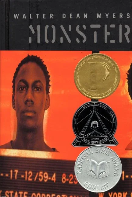 Cover of the book 'Monster' by Walter Dean Myers, featuring a young man with a serious expression, and three medal-like icons representing awards or recognitions.