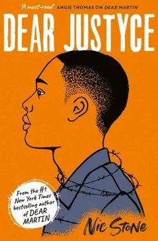 Book cover for 'Dear Justyce' by Nic Stone, featuring a stylized side profile of a young African American person with a short haircut, set against an orange background.