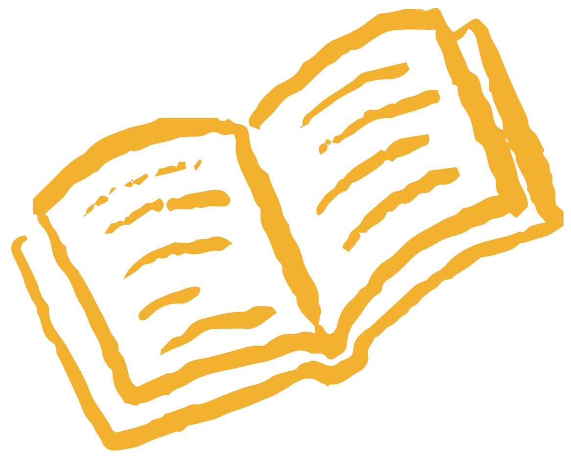 Outline drawing of an open book with visible pages, in gold color.