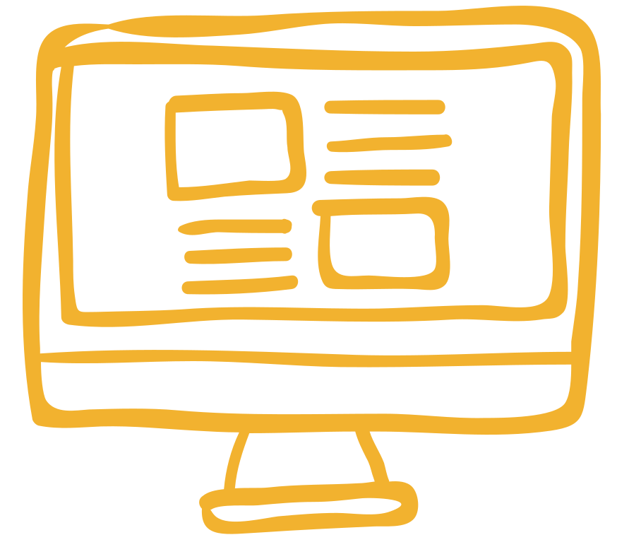 Drawing of a computer monitor displaying a webpage or document with text blocks and images, in yellow on a black background.