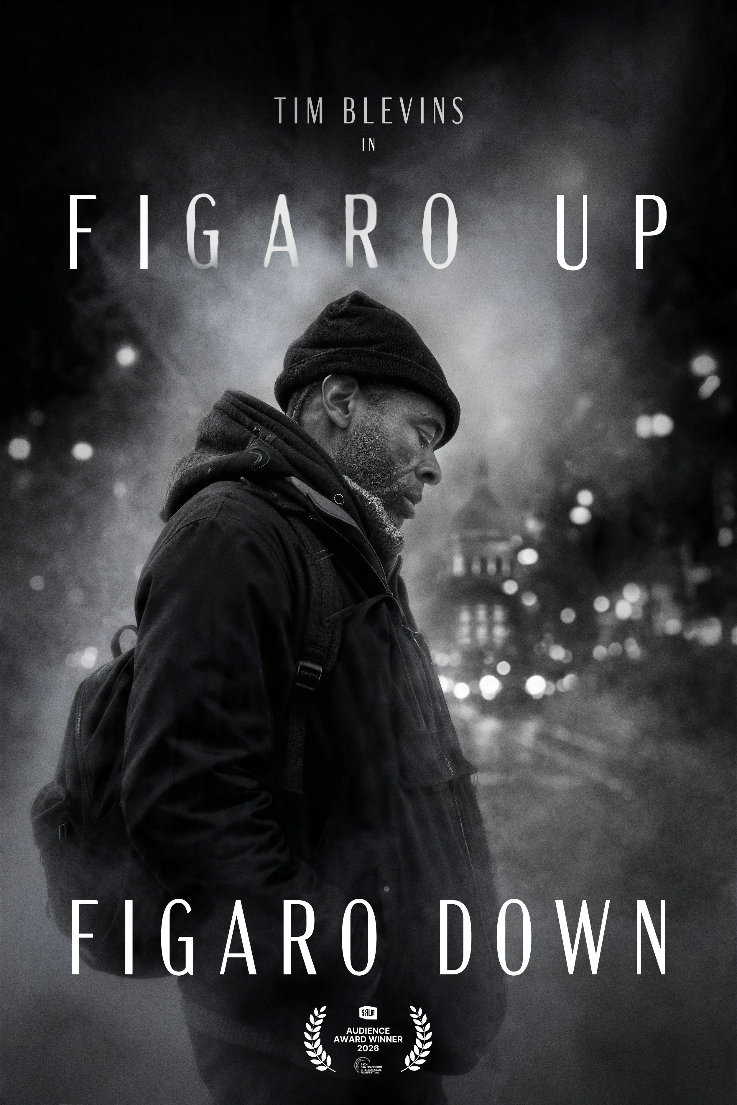 Official poster for Figaro Up, Figaro Down, an award-winning documentary about Tim Blevins, a former opera singer experiencing homelessness and addiction in San Francisco's Tenderloin.