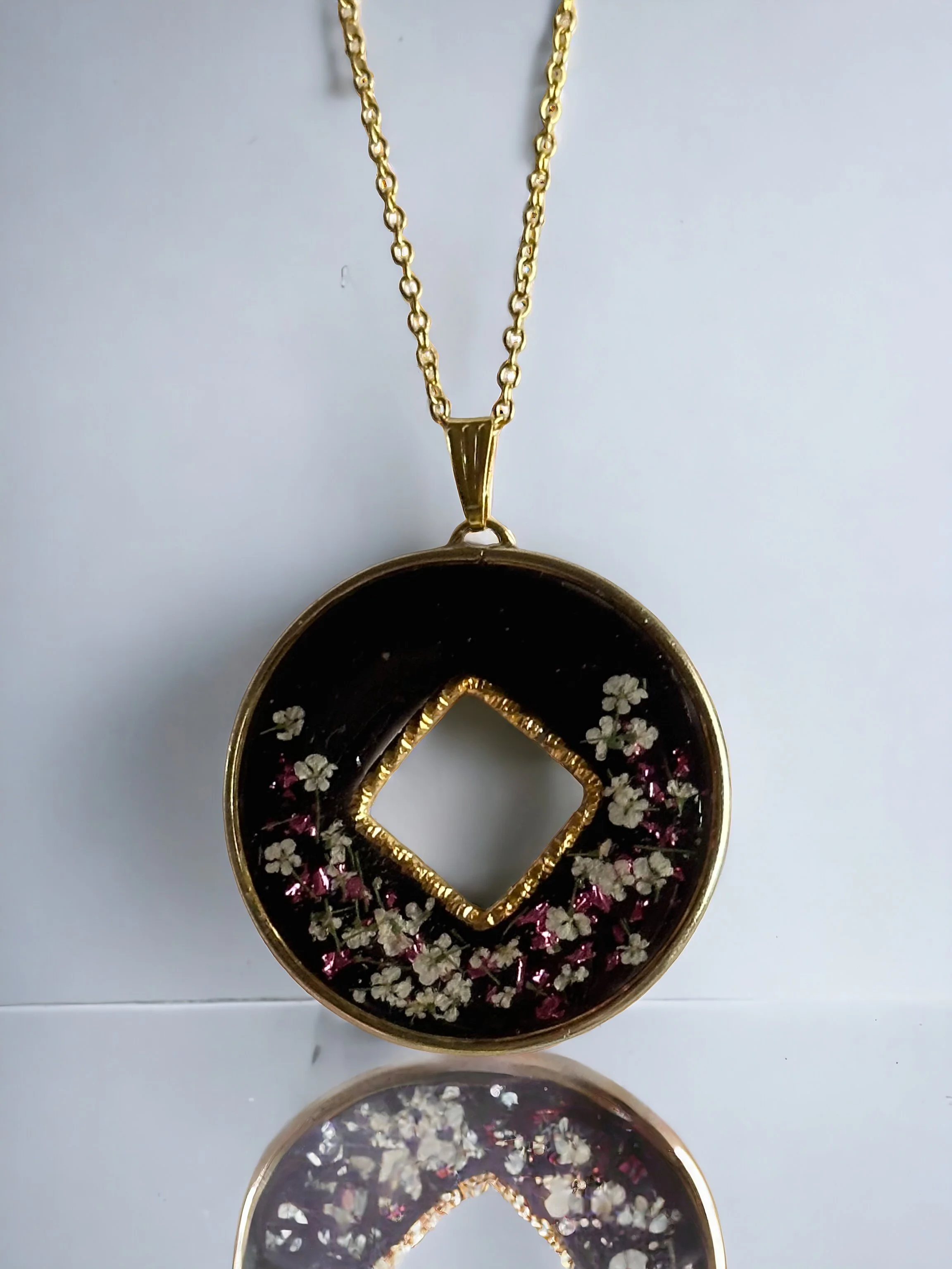 Black Pendant with White Flowers & Pink Accents