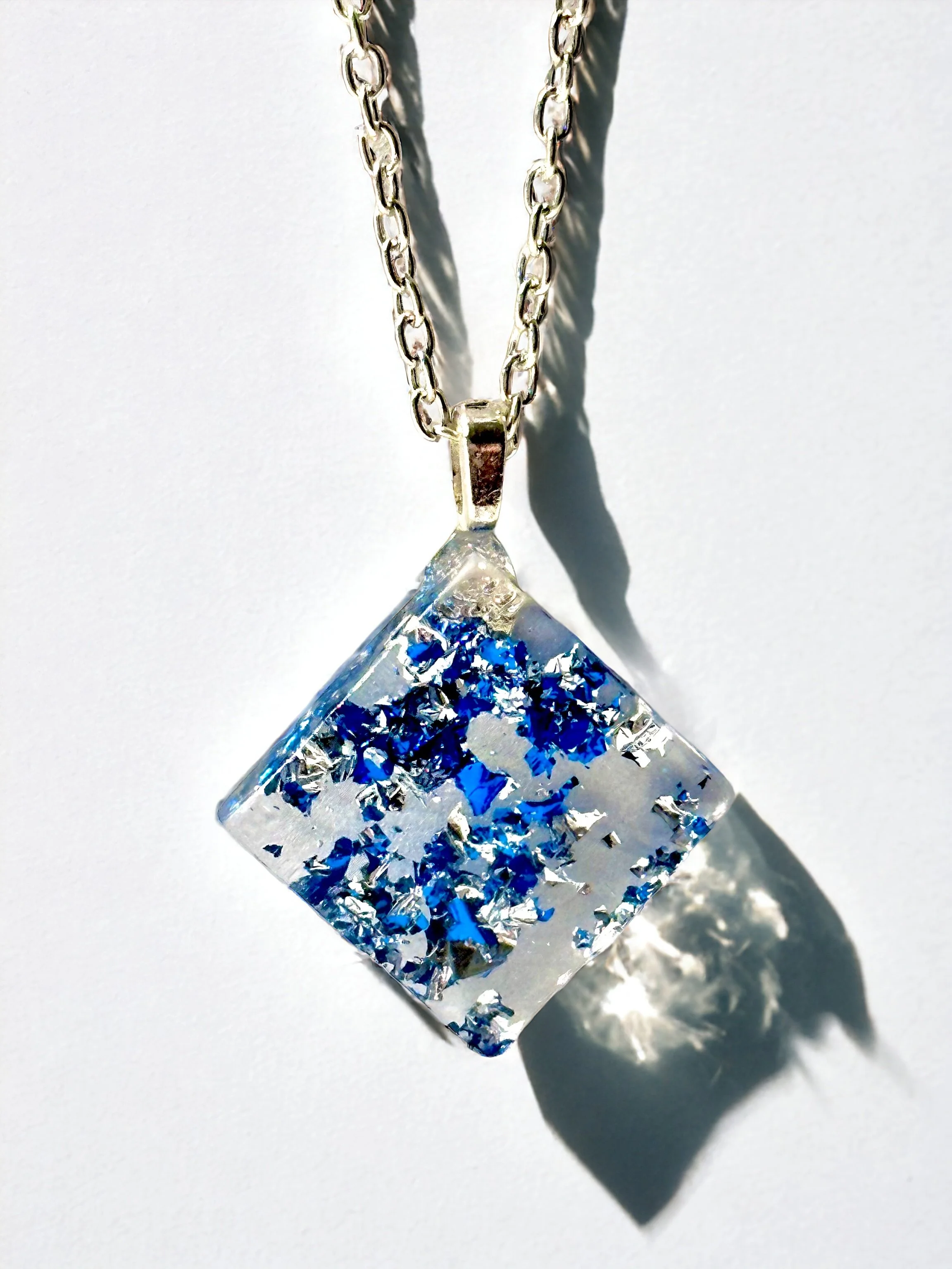 Blue and Silver Foil Square Pendant