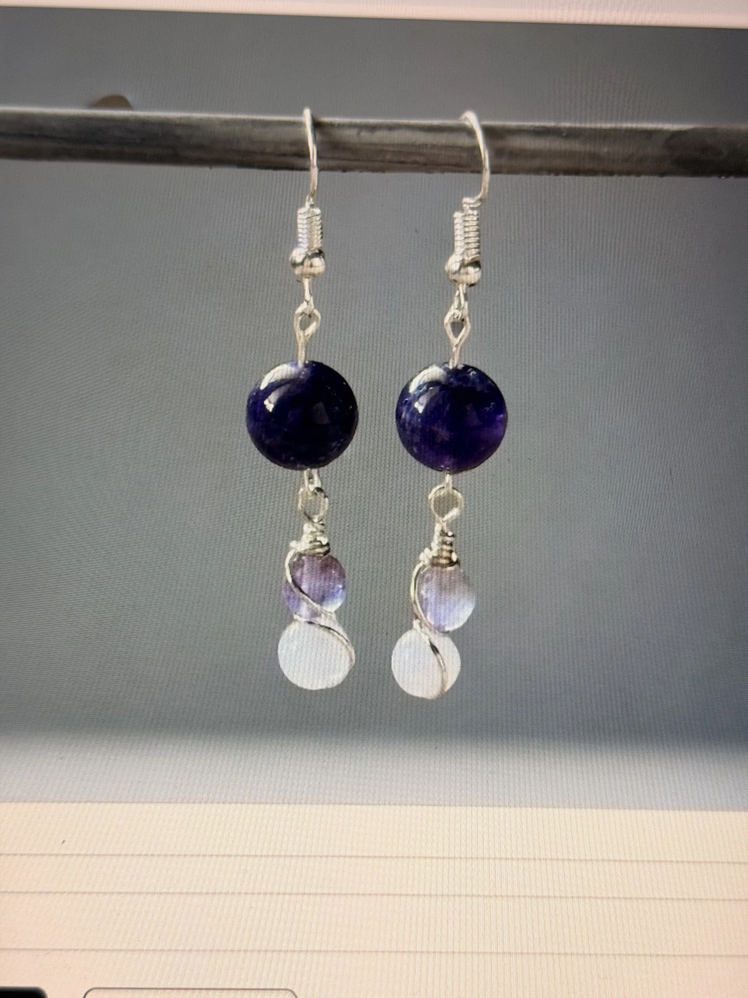 Amethyst, Fluorite & White Jade Wire Wrapped Earrings