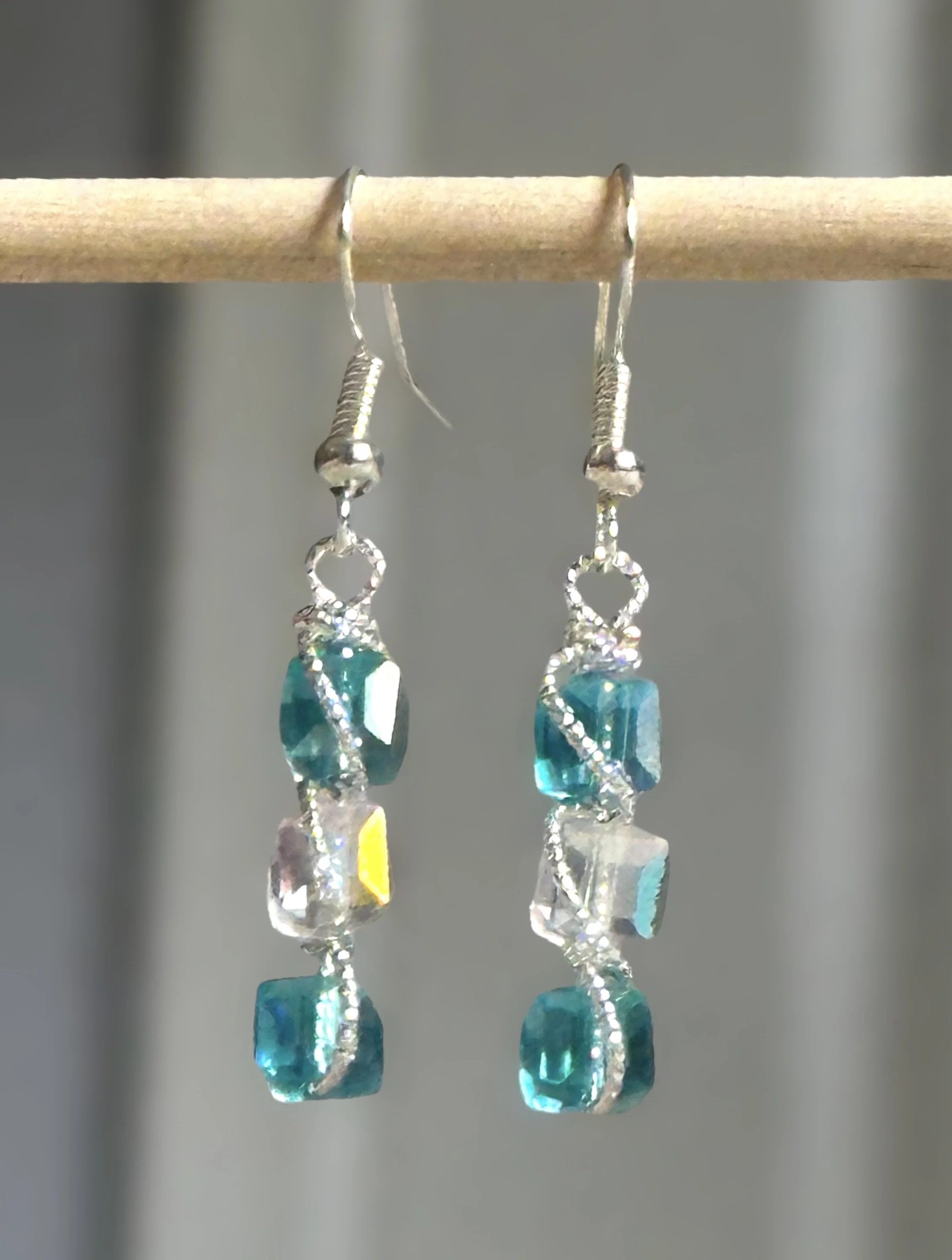 Wire Wrapped Teal & Clear Czech Glass Cube Earrings