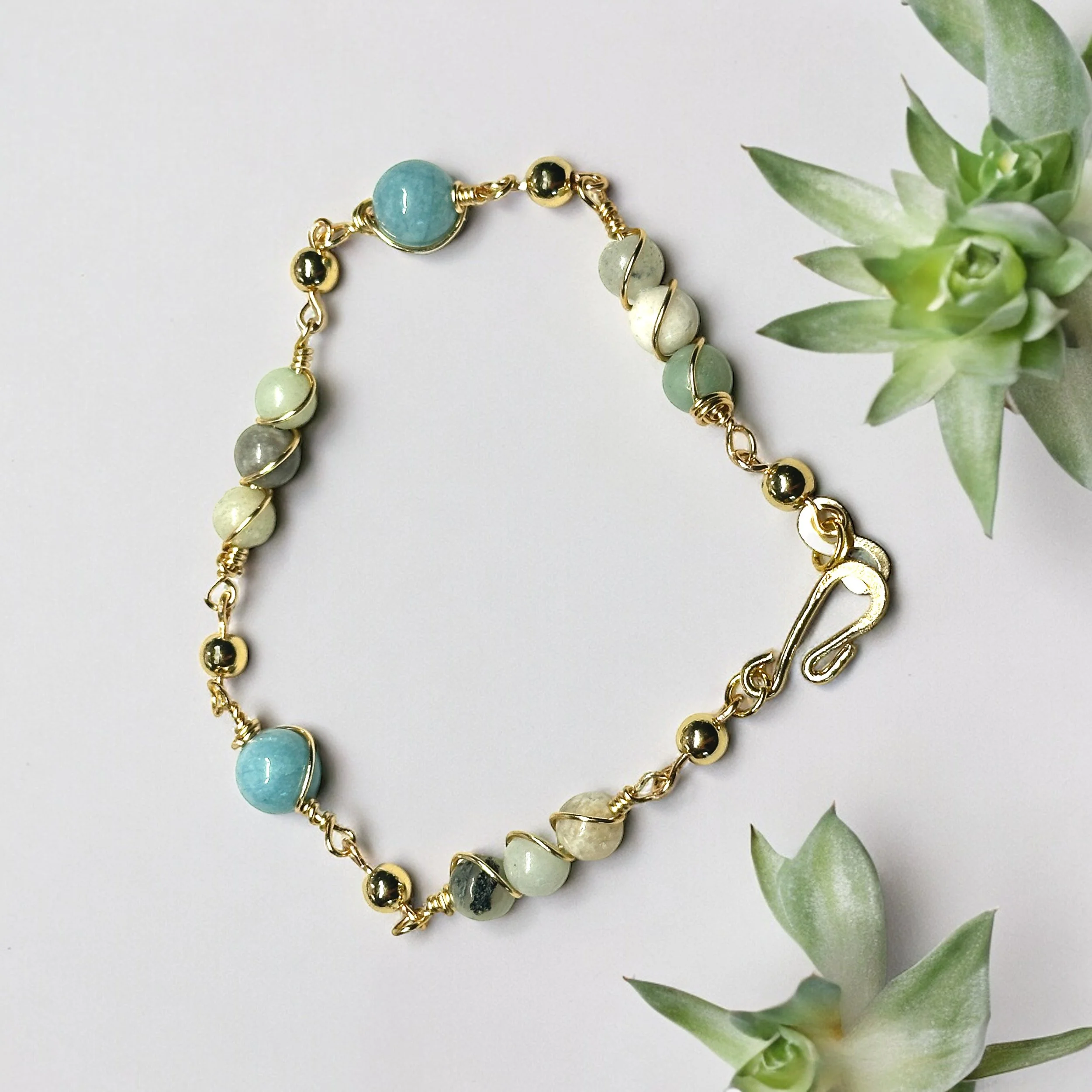 Amazonite & Blue Chalcedony Jade Wire Wrapped Bracelet