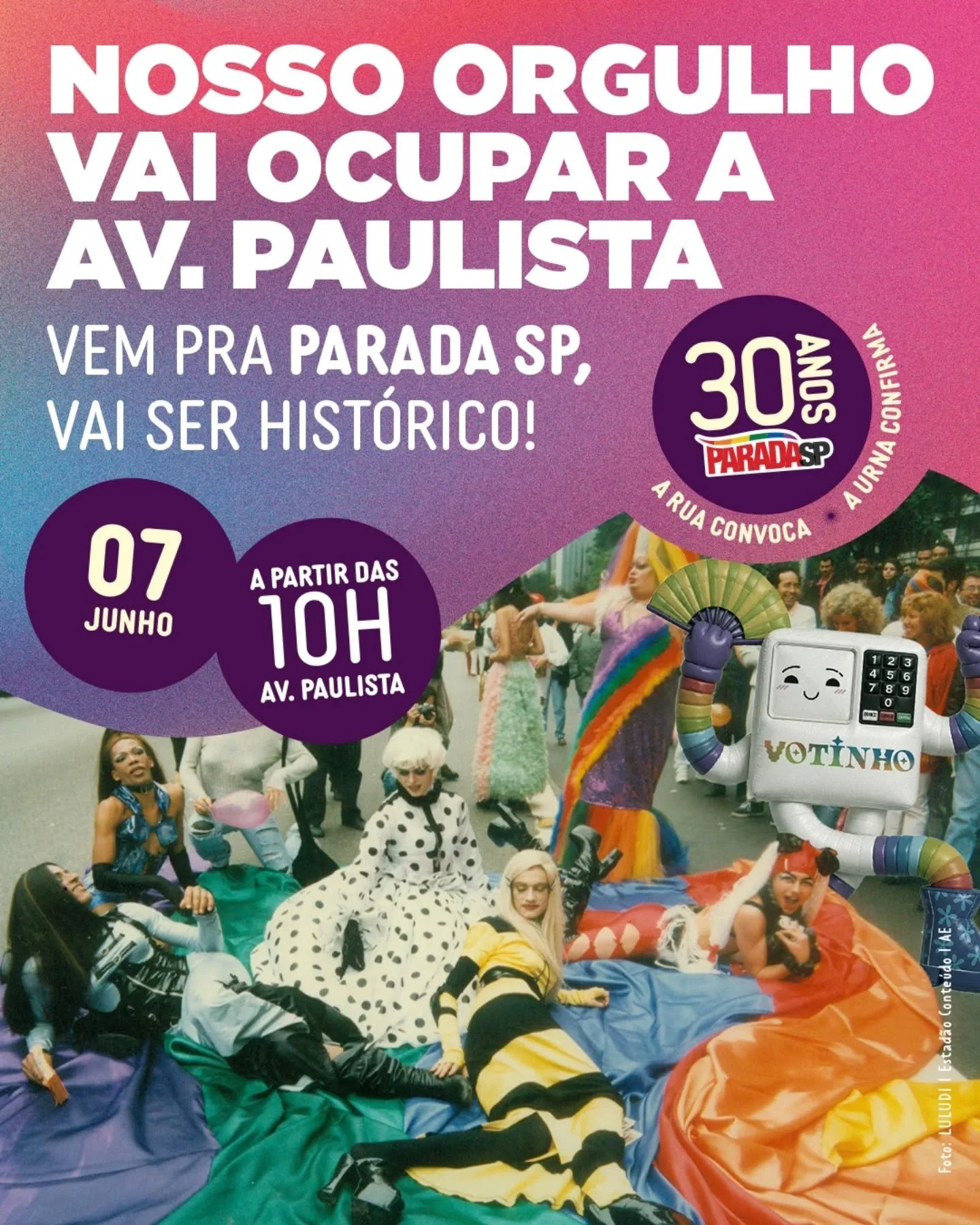 A maior celebra&ccedil;&atilde;o do orgulho &eacute; na Av. Paulista e &eacute; amanh&atilde;! ✨🏳️&zwj;⚧️🏳️&zwj;🌈

07.06 - Parada SP - 10h 

#ParadaSP #Votinho #OrgulhoLGBT #Democracia

.

*O Votinho &eacute; independente e n&atilde;o possui fins 