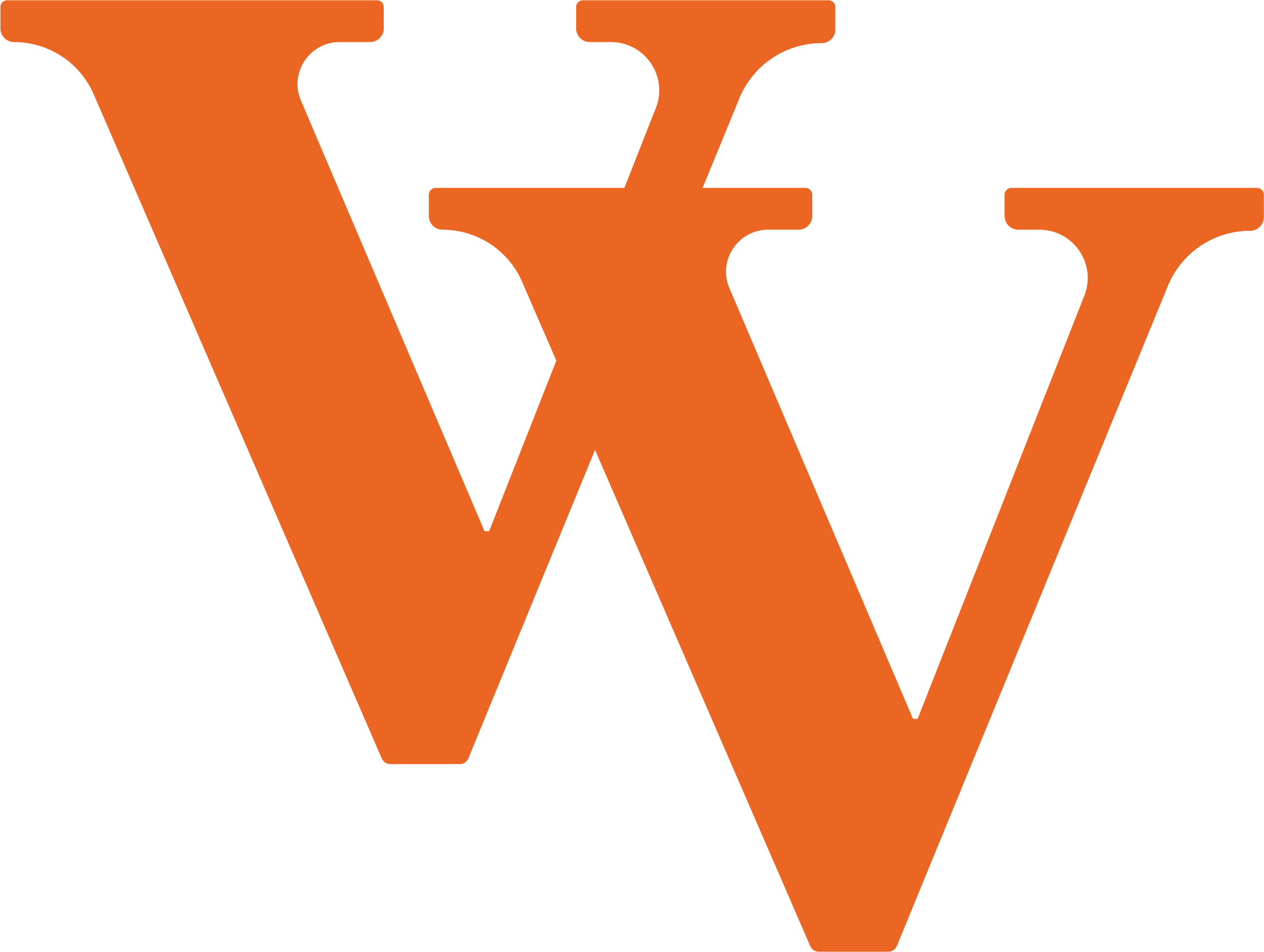 Logo with large orange letter V and smaller black letter W intertwined.