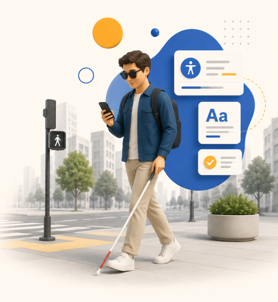 A young man with sunglasses, a backpack, and beige pants, walking with a white cane and using his phone while crossing a city street.