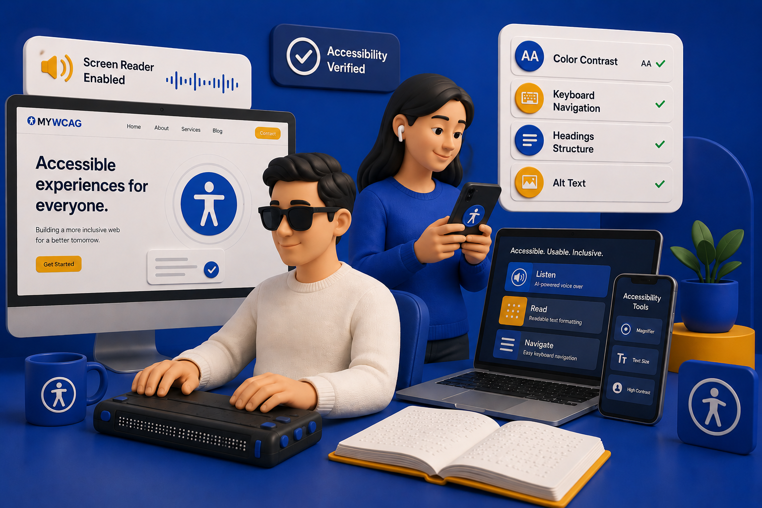Digital illustration of two people working on accessibility technology, one using a computer with a screen displaying accessible experiences, and the other holding a smartphone with accessibility tools, surrounded by icons and devices highlighting features like screen reader, keyboard navigation, and color contrast.
