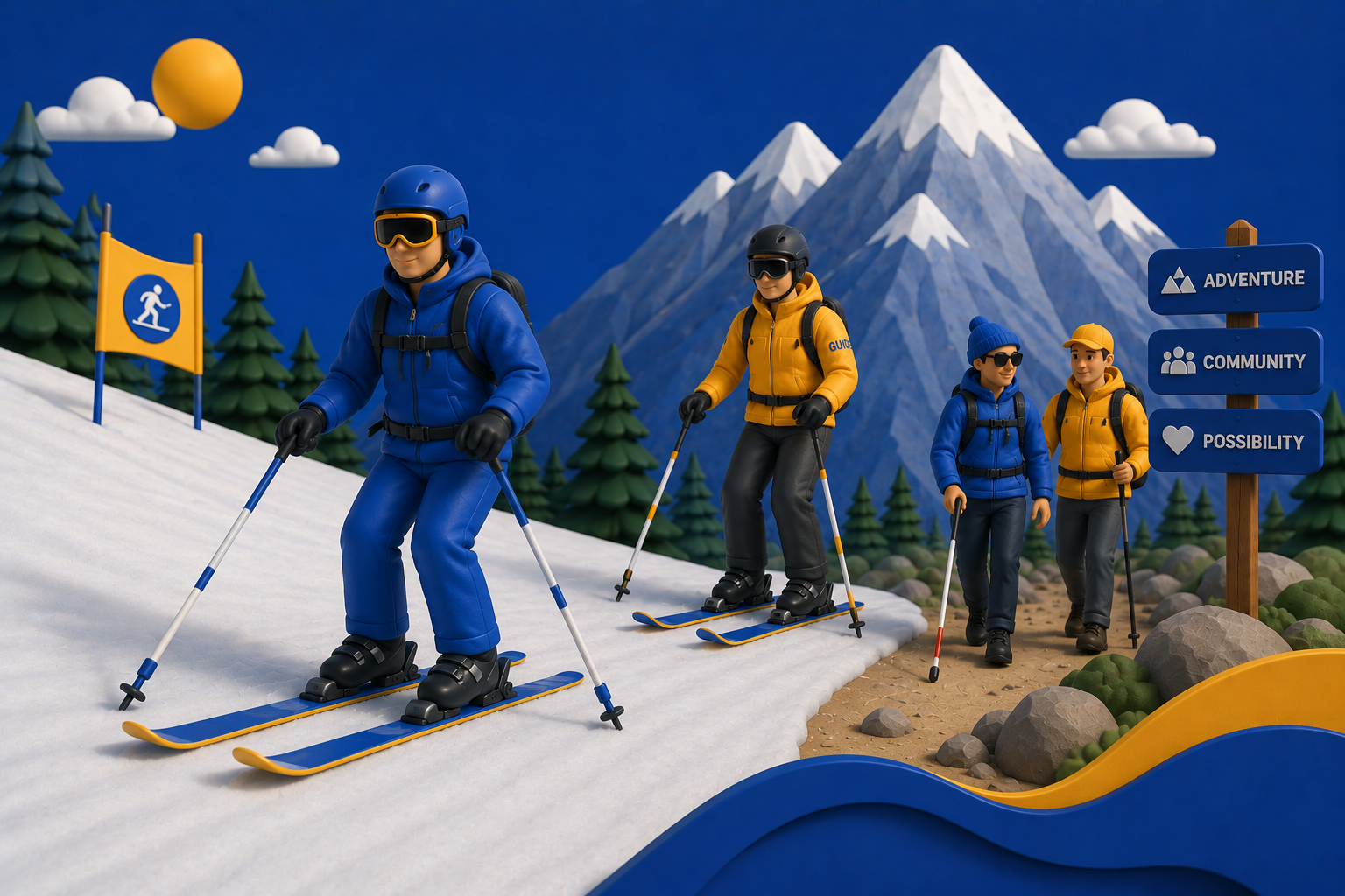On the left side there are two people skiing on a snowy slope with mountains, pine trees, and a blue sky in the background. One person is visually guiding the other. On the right side there are two people in people hiking through the woods.