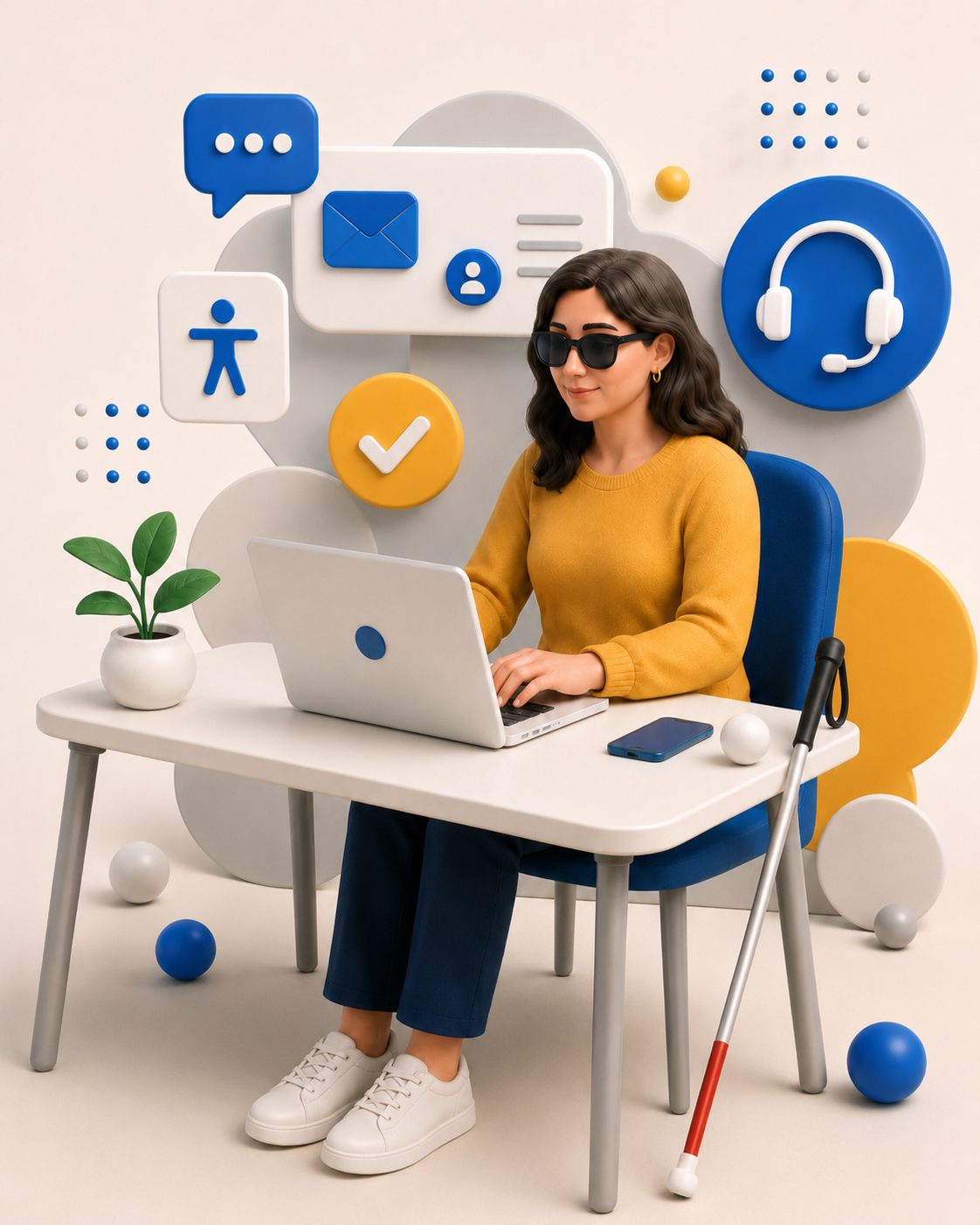 A woman sitting at a desk with a laptop, wearing sunglasses and a yellow sweater, surrounded by communication icons, a potted plant, and geometric decorations.