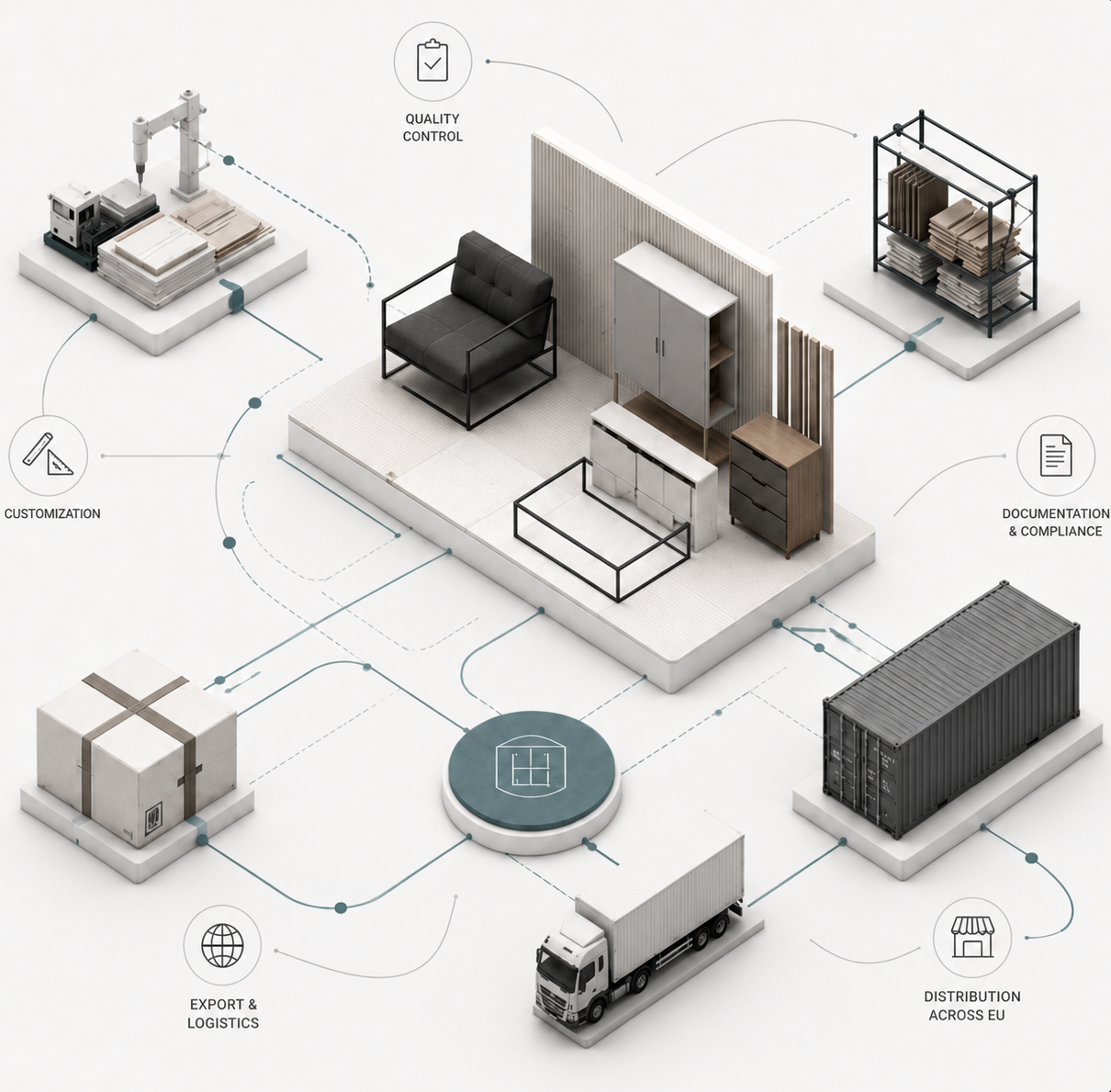 Diagram of office furniture, packaging, logistics, and documentation with labels for quality control, customization, documentation and compliance, export and logistics, distribution across EU, and various office furniture items.