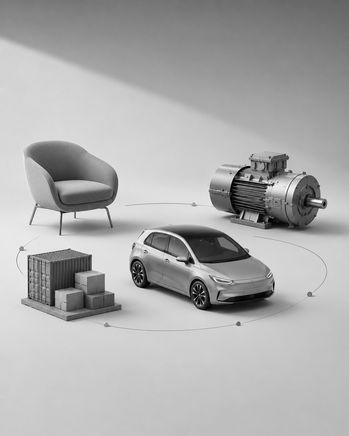A conceptual diagram of a car with related components: an armchair, a motor, a shipping container with boxes, and a sensor, arranged in a circular pattern on a plain background.