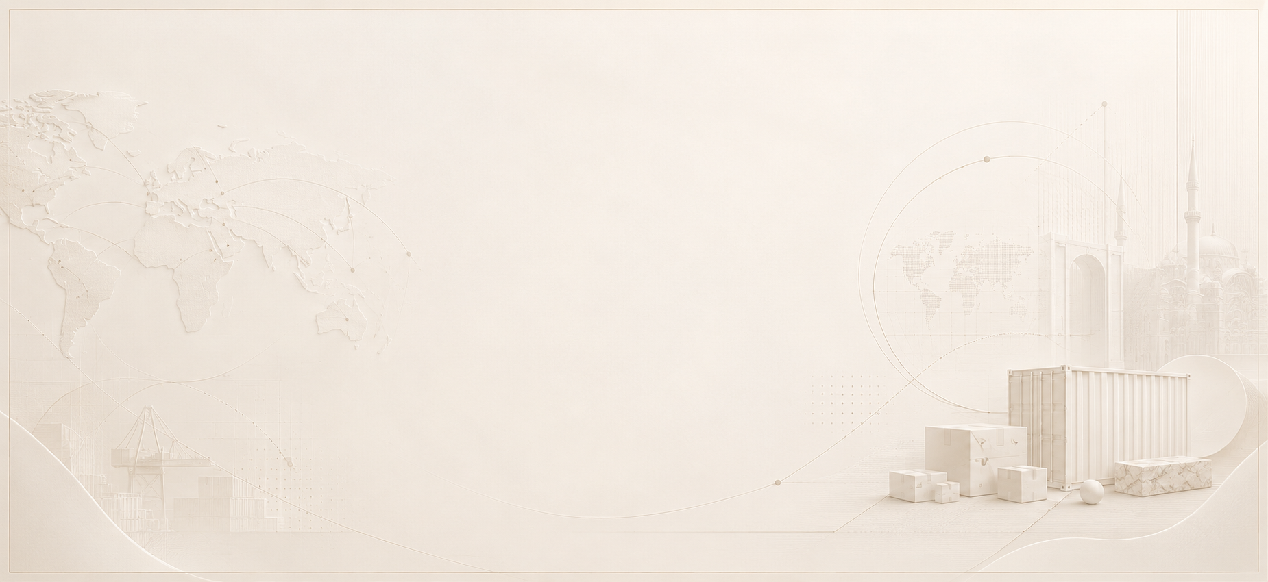 A light beige background with world maps, diagrams, and images of shipping containers, boxes, and a crane on the left side, and an intricate architectural structure, including a domed building with minarets, on the right side.
