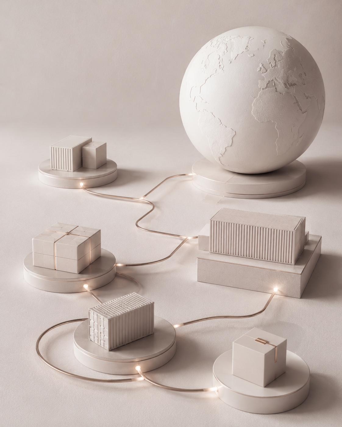 A white globe with engraved continents, connected to miniature white shipping containers and packages on circular bases through thin gold wires, arranged on a white surface.