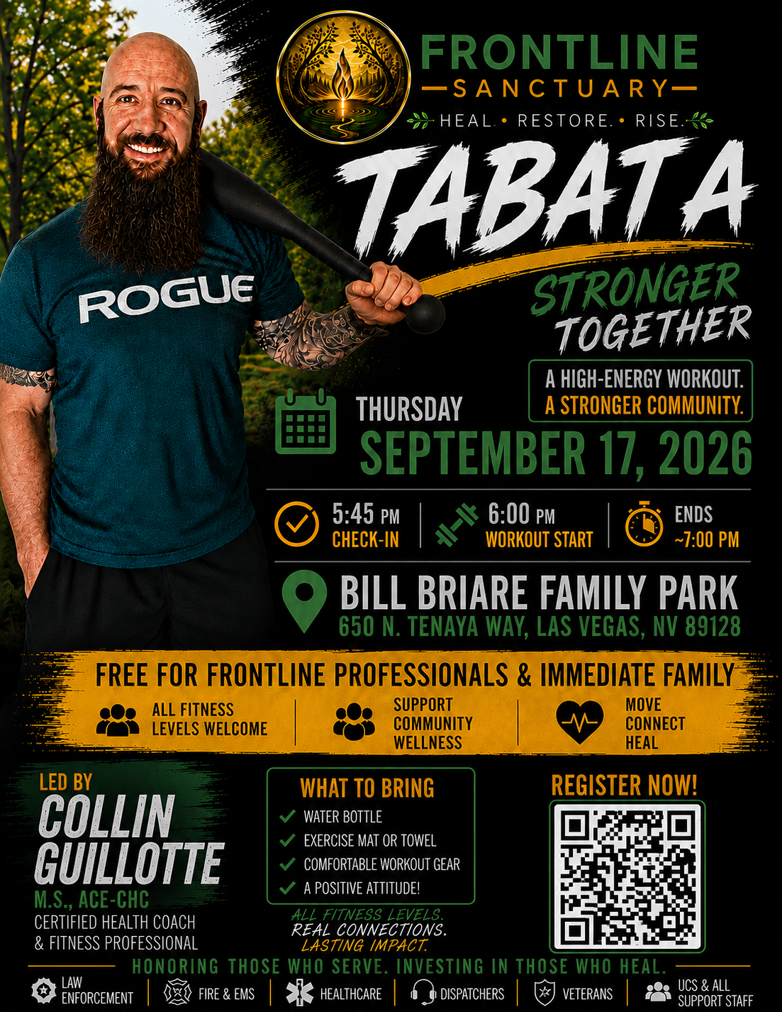 Event poster for a Tabata workout session hosted by Frontline Sanctuary at Bill Briare Family Park on September 17, 2026. Features a smiling man with a beard holding a black workout stick, surrounded by green trees. The poster provides event details including check-in time, workout start, end time, location, and what to bring, emphasizing fitness, community support, and wellness.