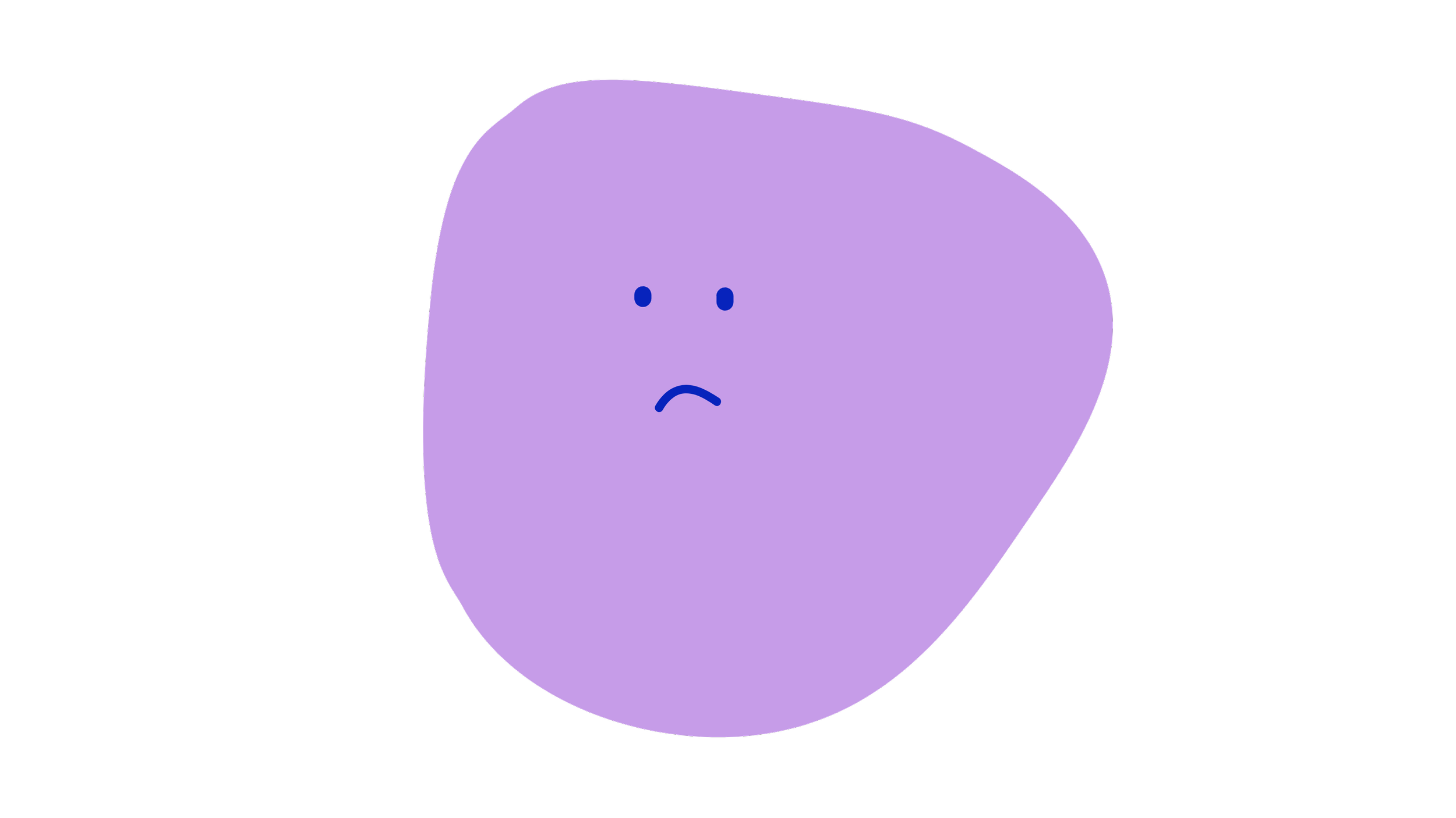 A cartoon illustration of a purple, blob-like creature with two small dots for eyes and a curved line for a mouth, set against a black background.