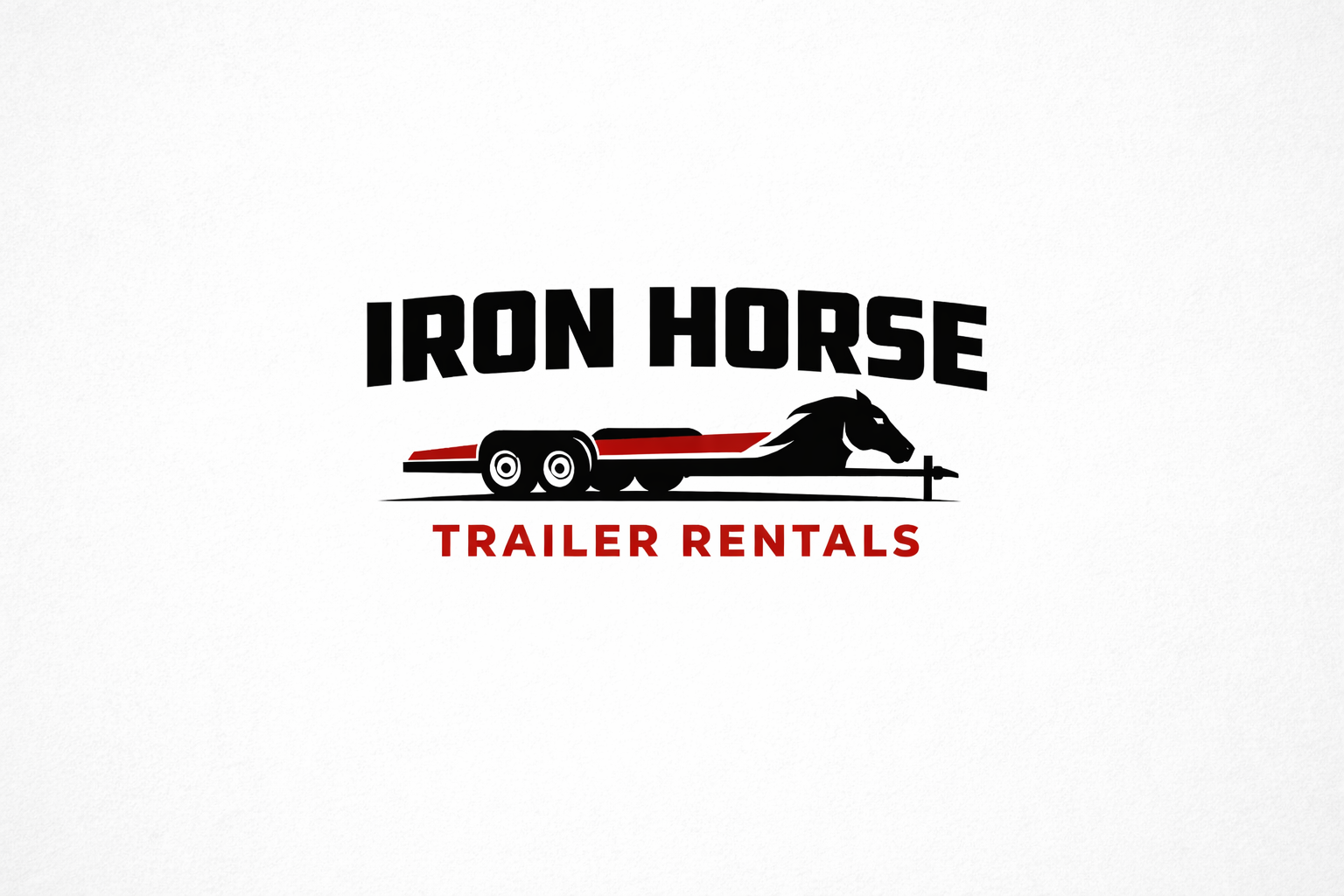 Logo for Iron Horse Trailer Rentals featuring a black horse's head connected to a trailer and the business name in bold black and red letters.