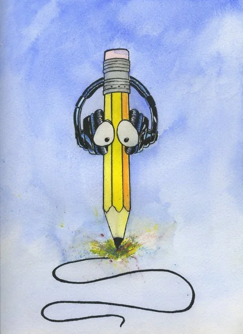 pencil with headphones watercolor 