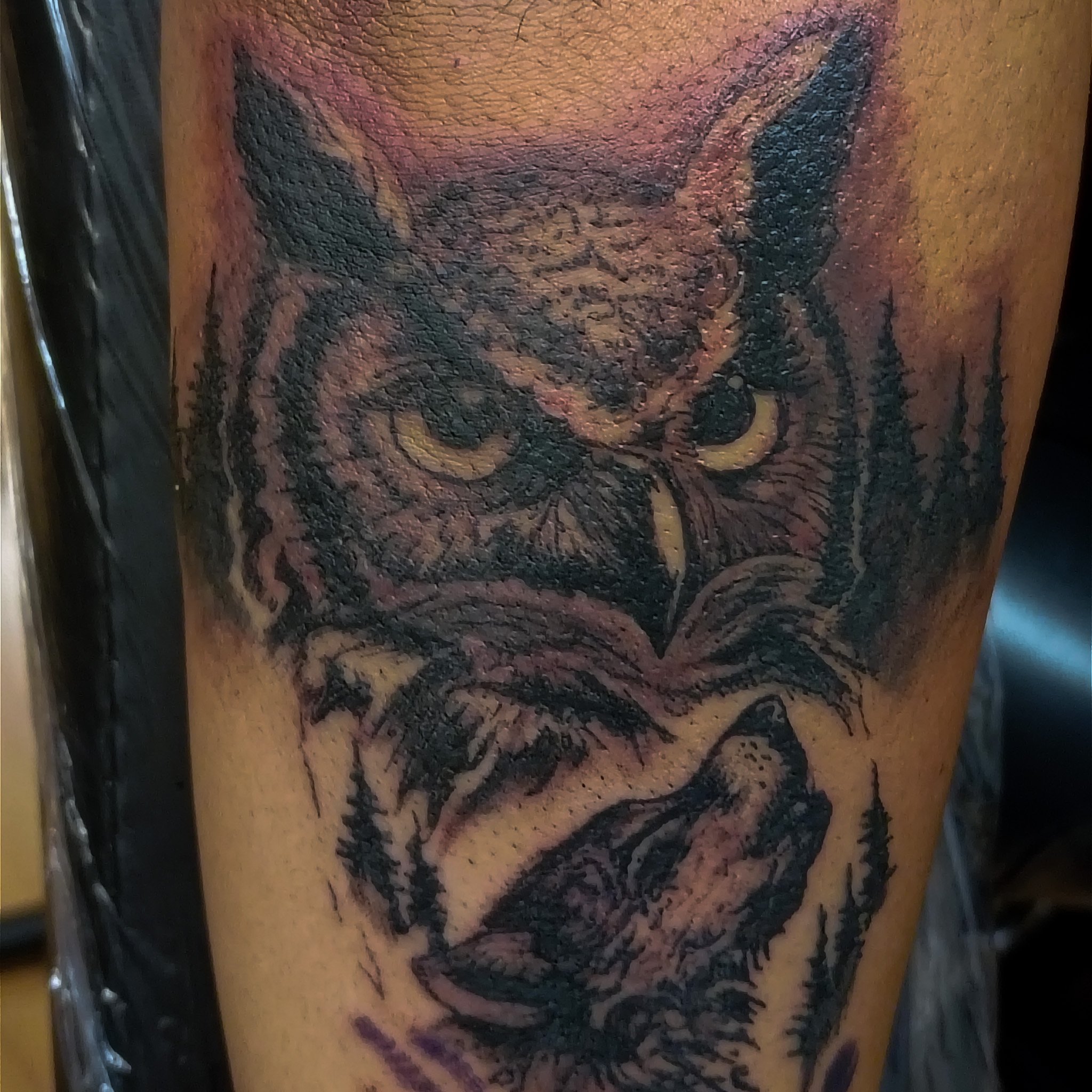 black and grey owl tattoo