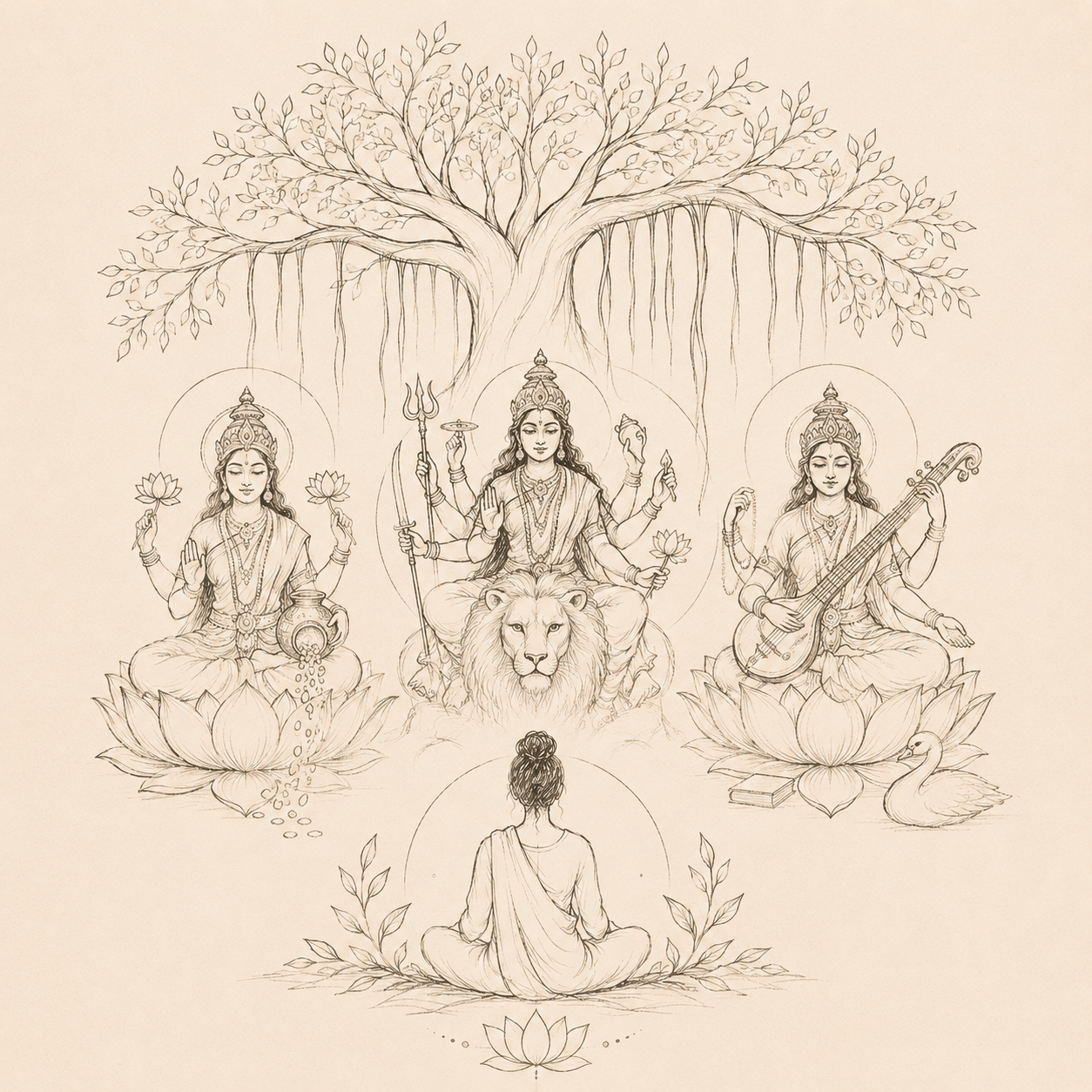 A detailed line drawing of a spiritual scene featuring three Hindu deities sitting on lotus flowers under a large tree, with a person meditating in front of them. The central deity has multiple arms holding various objects and is flanked by two others, one holding a lotus and a pot, and the other playing a musical instrument. A lion's head is positioned below the central deity. A swan and a book are beside the lotus of one deity.