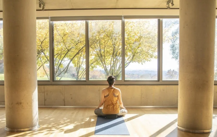 A woman practicing yoga or meditation on a blue mat indoors, facing large windows with trees outside in fall colors.