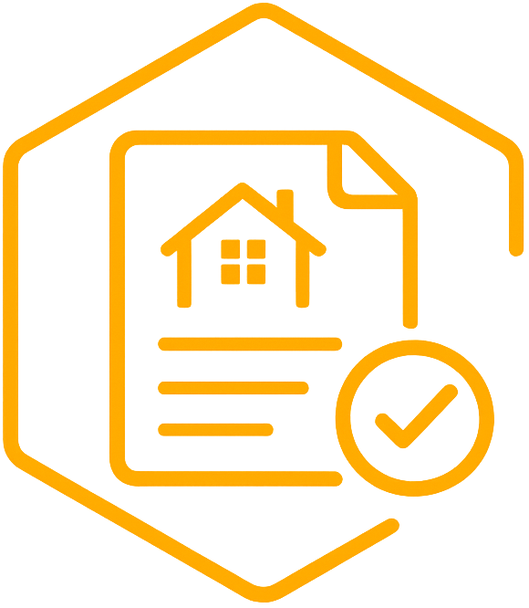 An orange outline icon of a house on a document with a checkmark, representing real estate approval or verified property document.