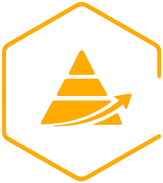 An orange and black logo featuring a stylized pyramid with a dynamic arrow passing through it, enclosed in a hexagonal outline.
