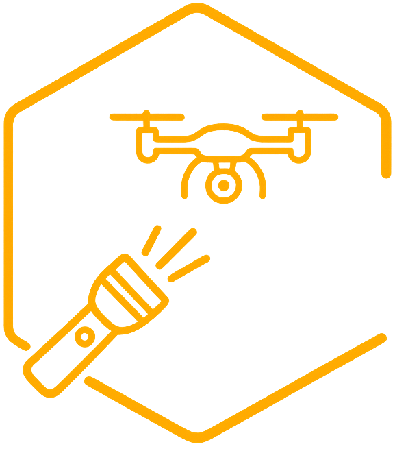 Illustration of a drone flying inside a house with a flashlight pointing towards it, all in yellow outline style.