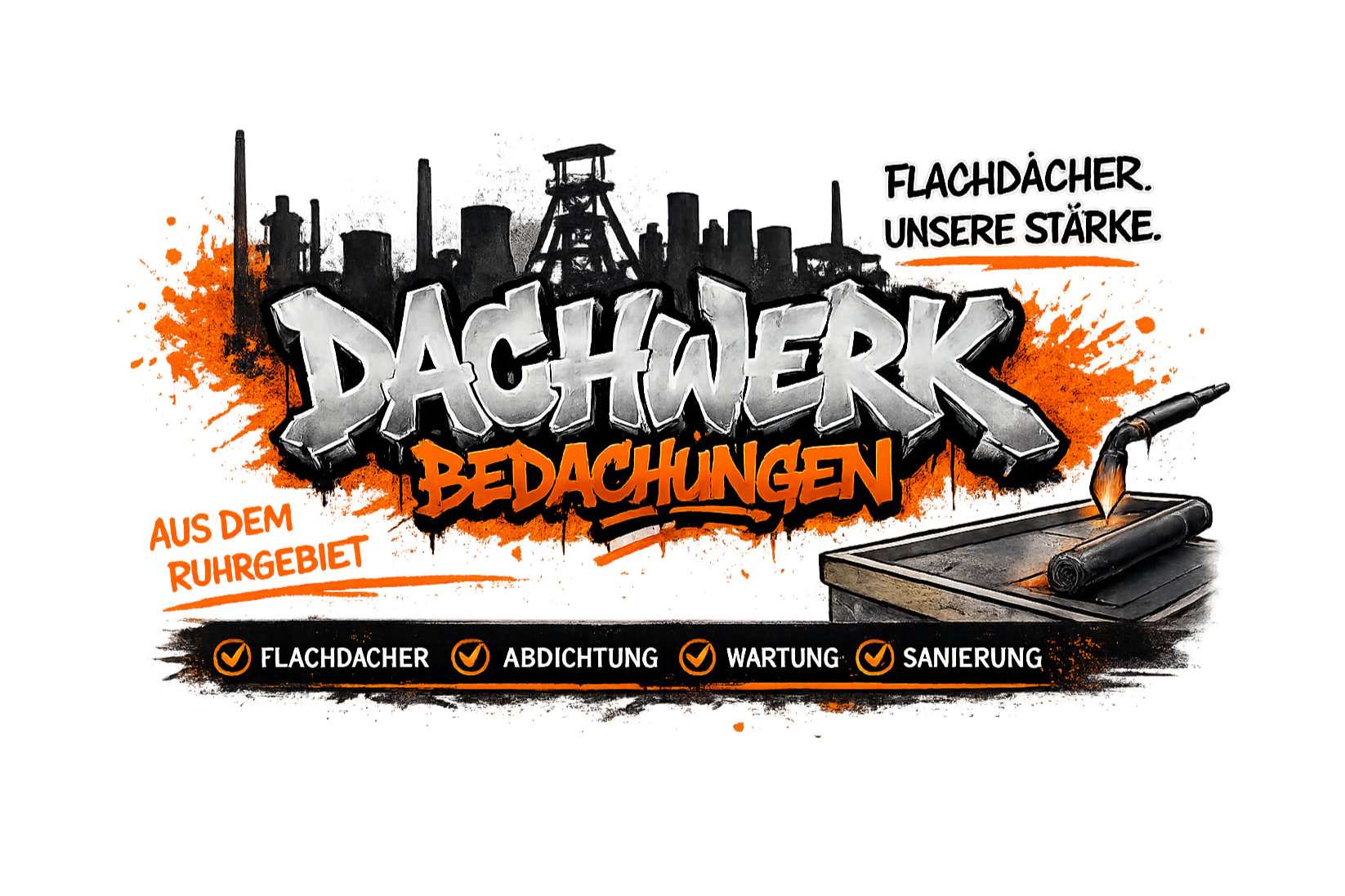Grafische Werbung für Dachdecker-Bedachungen. Enthält einen Dachhaken, eine Kalligraphie-Schrift, Spray-Schichten im Hintergrund, eine Wasserwaage, eine Dachkonzept-Illustration und Schlagwörter wie Flachdach, Abdichtung, Wartung und Sanierung.