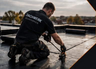 Dachdecker arbeitet auf dem Flachdach eines Gebäudes bei Sonnenuntergang, während er Materialien installiert.