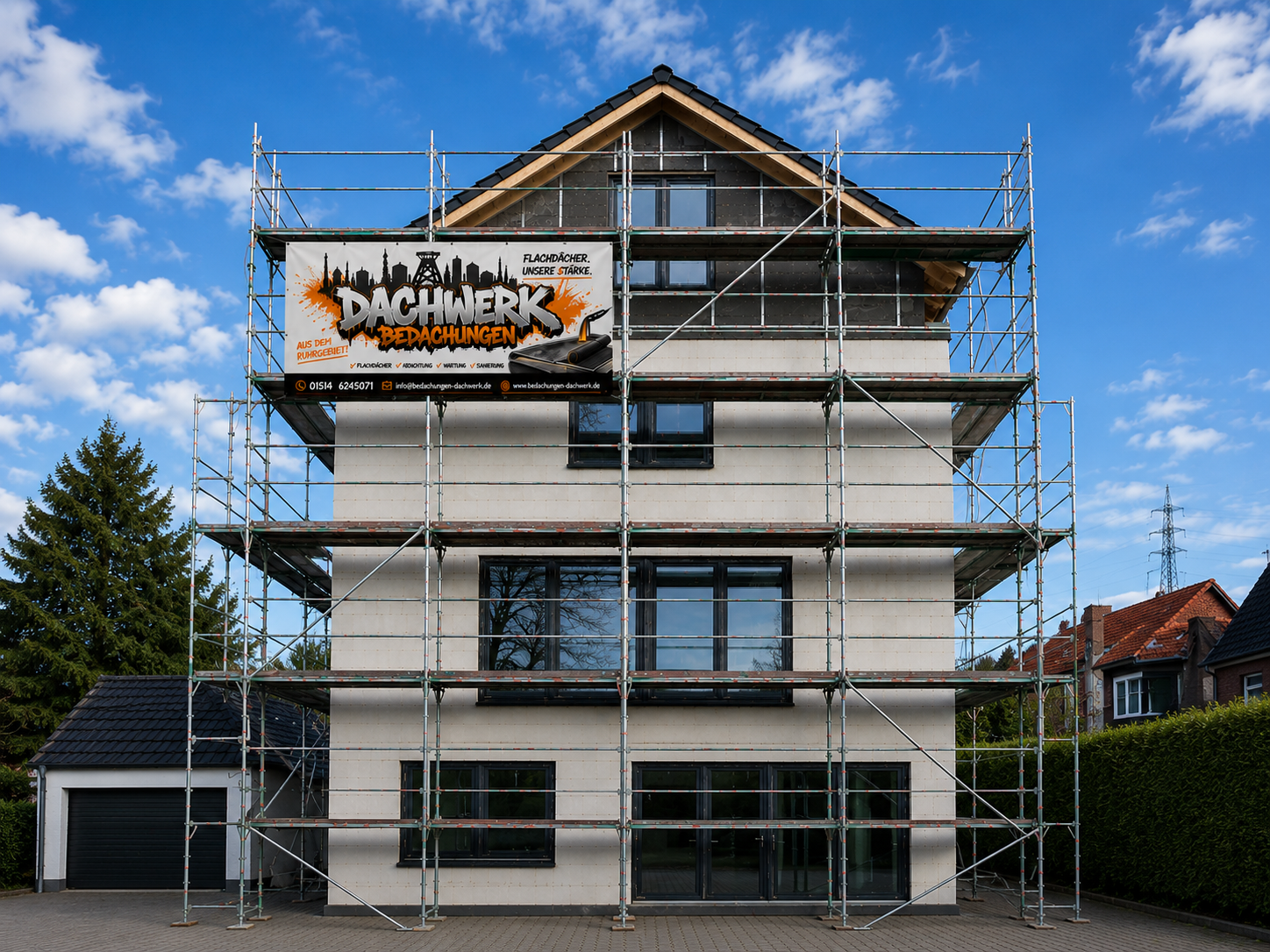 Mehrstöckiges Wohnhaus mit Gerüst und Bauarbeiten, Werbetafel für Dachdeckerei und Bedachungen, blauer Himmel mit Wolken, umliegende Bäume und Nachbarhäuser.