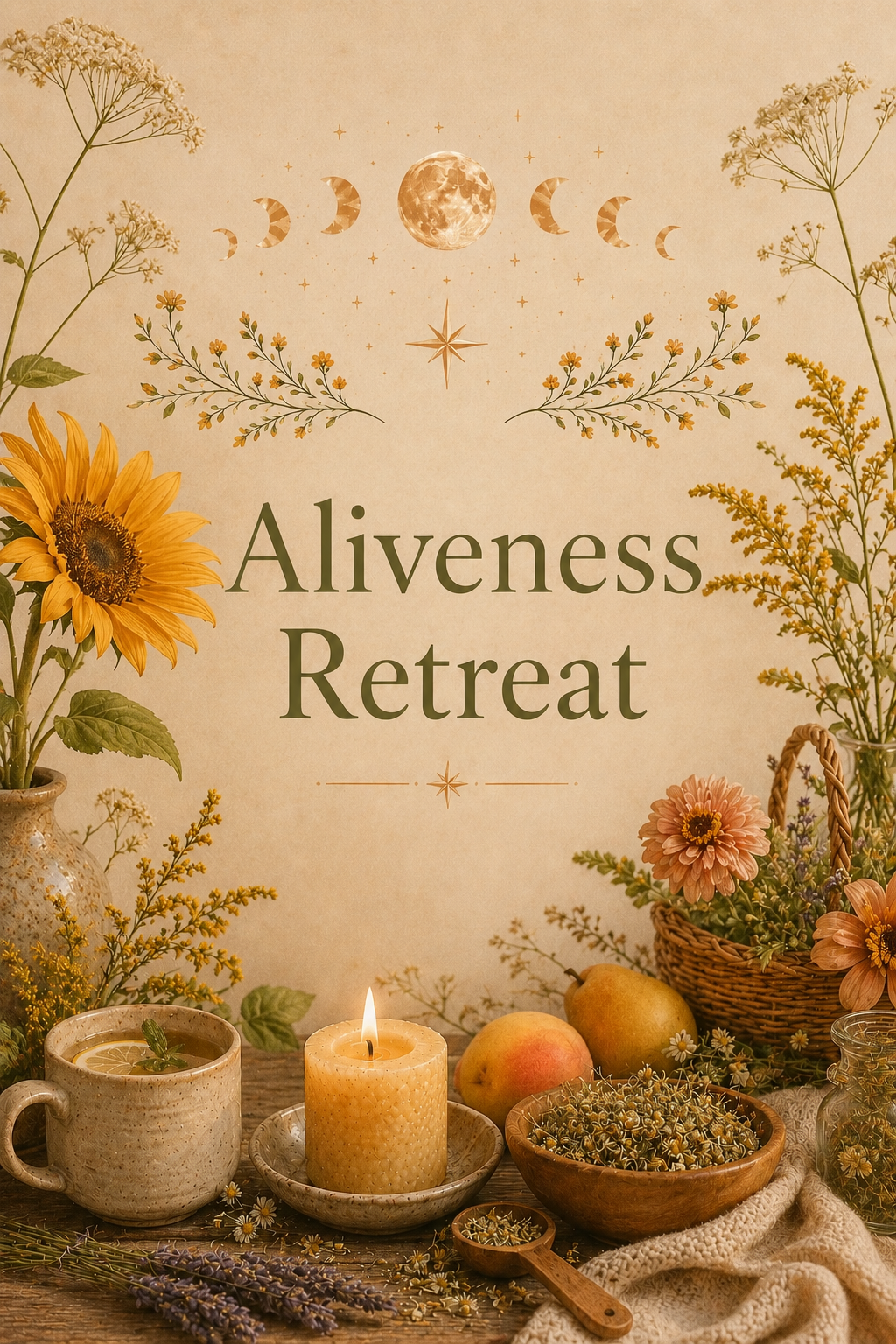A decorative retreat banner with the title 'Aliveness Retreat' surrounded by flowers, fruits, and a lit candle, creating a peaceful and natural atmosphere.