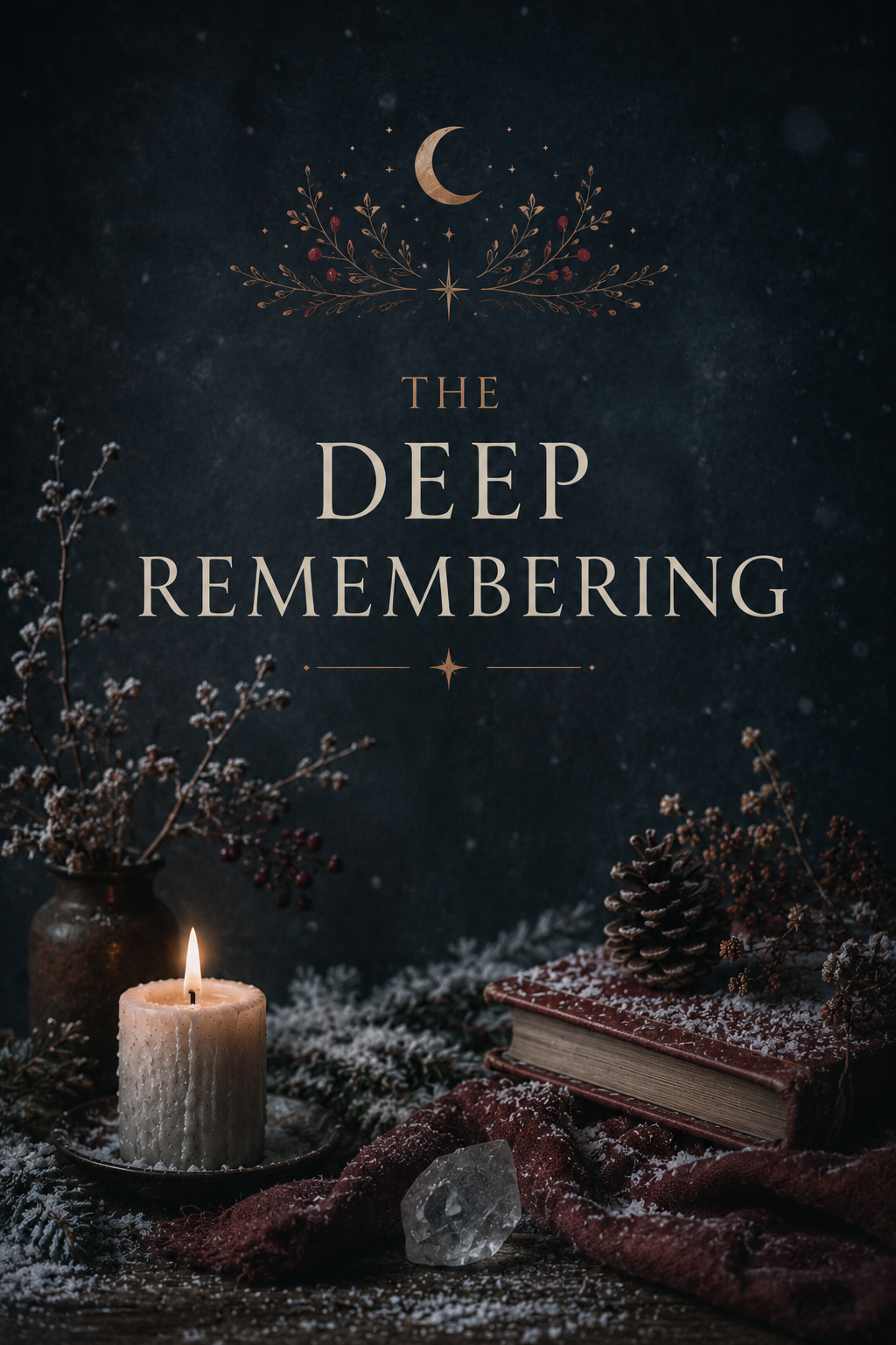 Dark, winter-themed scene with a lit white candle, a closed old book with snow on top, pine cones, frosted branches, and a large clear crystal on a wooden surface. The text reads 'The Deep Remembering' with a moon and star motif above.