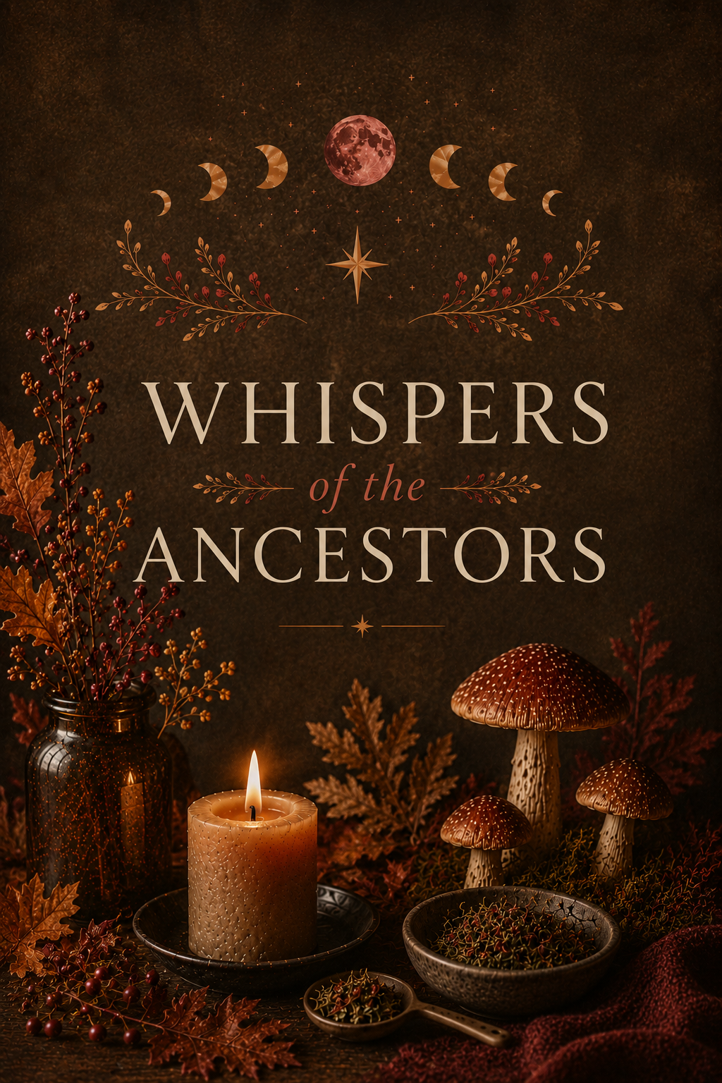 Book cover titled 'Whispers of the Ancestors' with autumn-themed decorations, mushrooms, candles, and foliage.