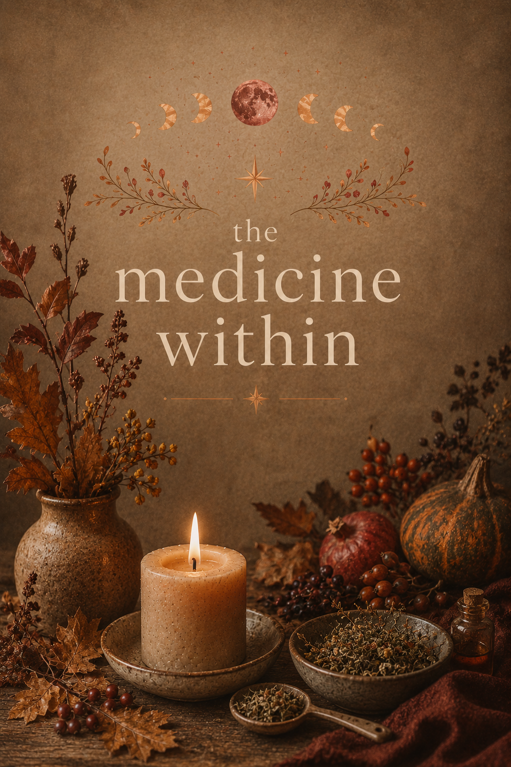 Autumn-themed still life with a lit candle, dried leaves, berries, pumpkins, and herbs, with the words 'the medicine within' on a brown textured background.