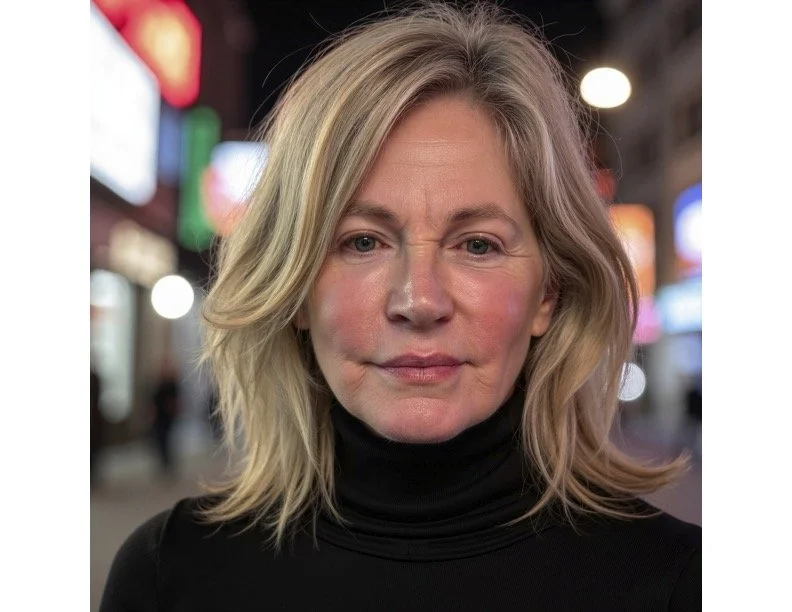 Close-up of a woman with blonde hair wearing a black turtleneck sweater, standing outdoors in an urban area at night with colorful lights in the background.