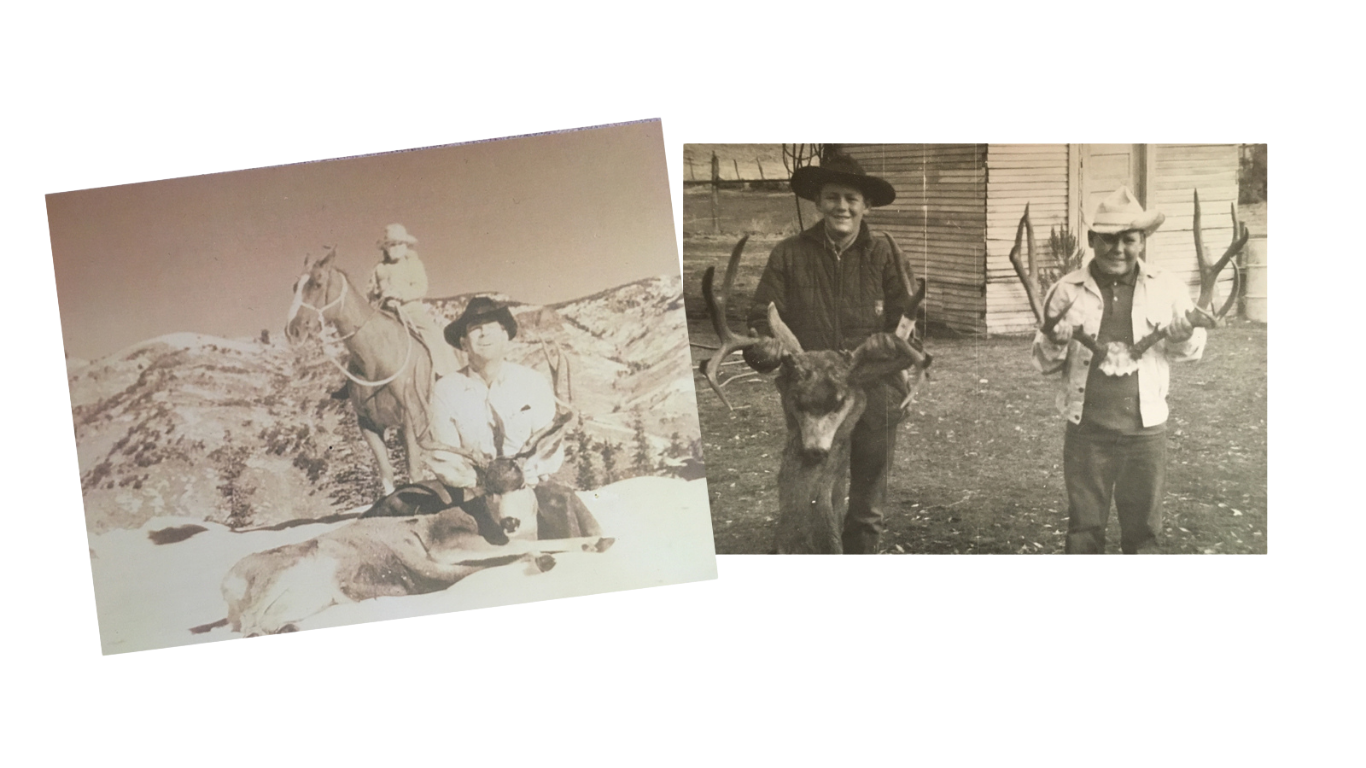 Two black and white vintage photos showing boys with deer antlers. The first photo has a boy sitting with a dog in front and a girl on horseback in the background. The second photo shows two boys holding deer antlers outdoors.