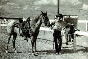A cowboy holding a horse by the reins on a racetrack, with another horse standing nearby.