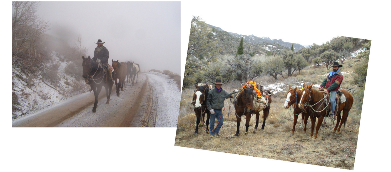 Side-by-side photos of people riding horses in outdoor settings. The left photo shows a person riding horses on a foggy, snowy trail. The right photo shows a group of people with horses in a dry, mountainous landscape.