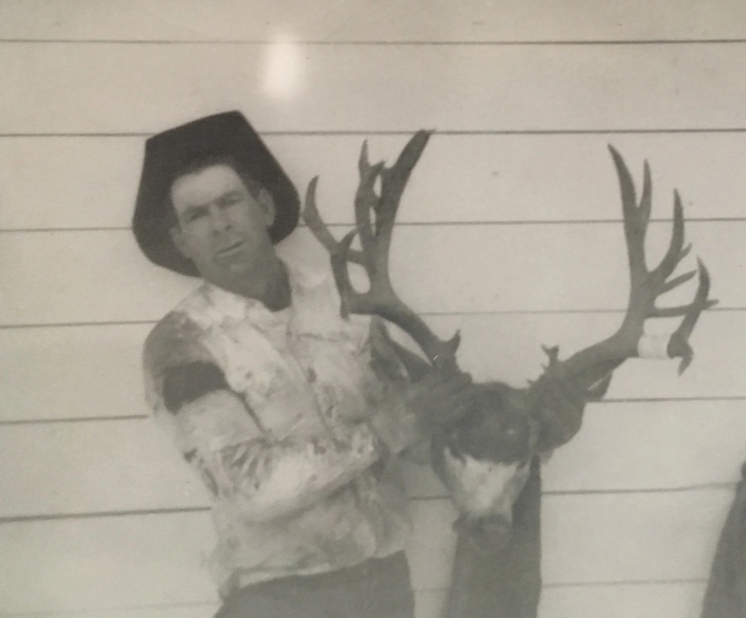 A black and white photo of a person with glasses and long hair, looking at the camera, with a blurred drawing of a deer or antelope in the background.