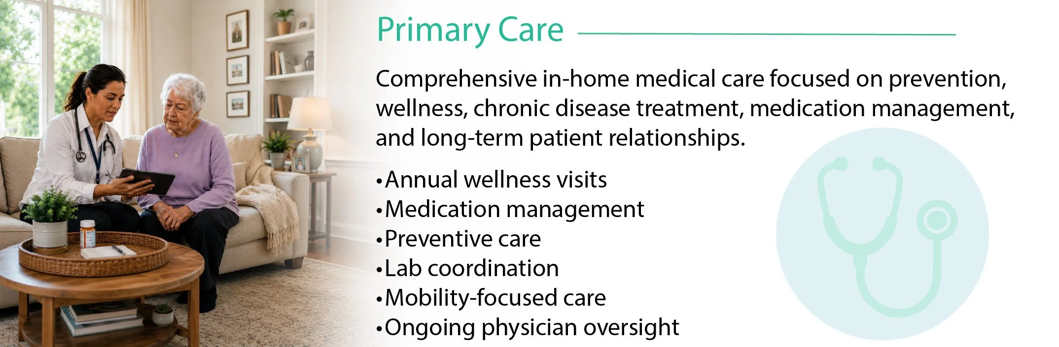 A healthcare professional consulting with an elderly woman in a cozy living room, with a presentation slide on primary care on the right side of the image.