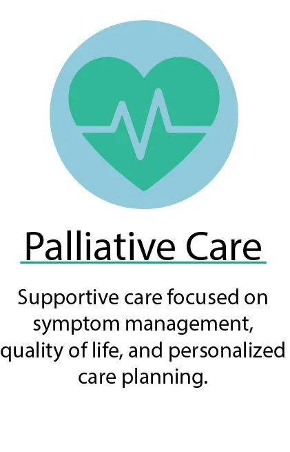 Graphic of a green heart with an electrocardiogram line inside, labeled 'Palliative Care,' with text describing it as supportive care focused on symptom management, quality of life, and personalized care planning.