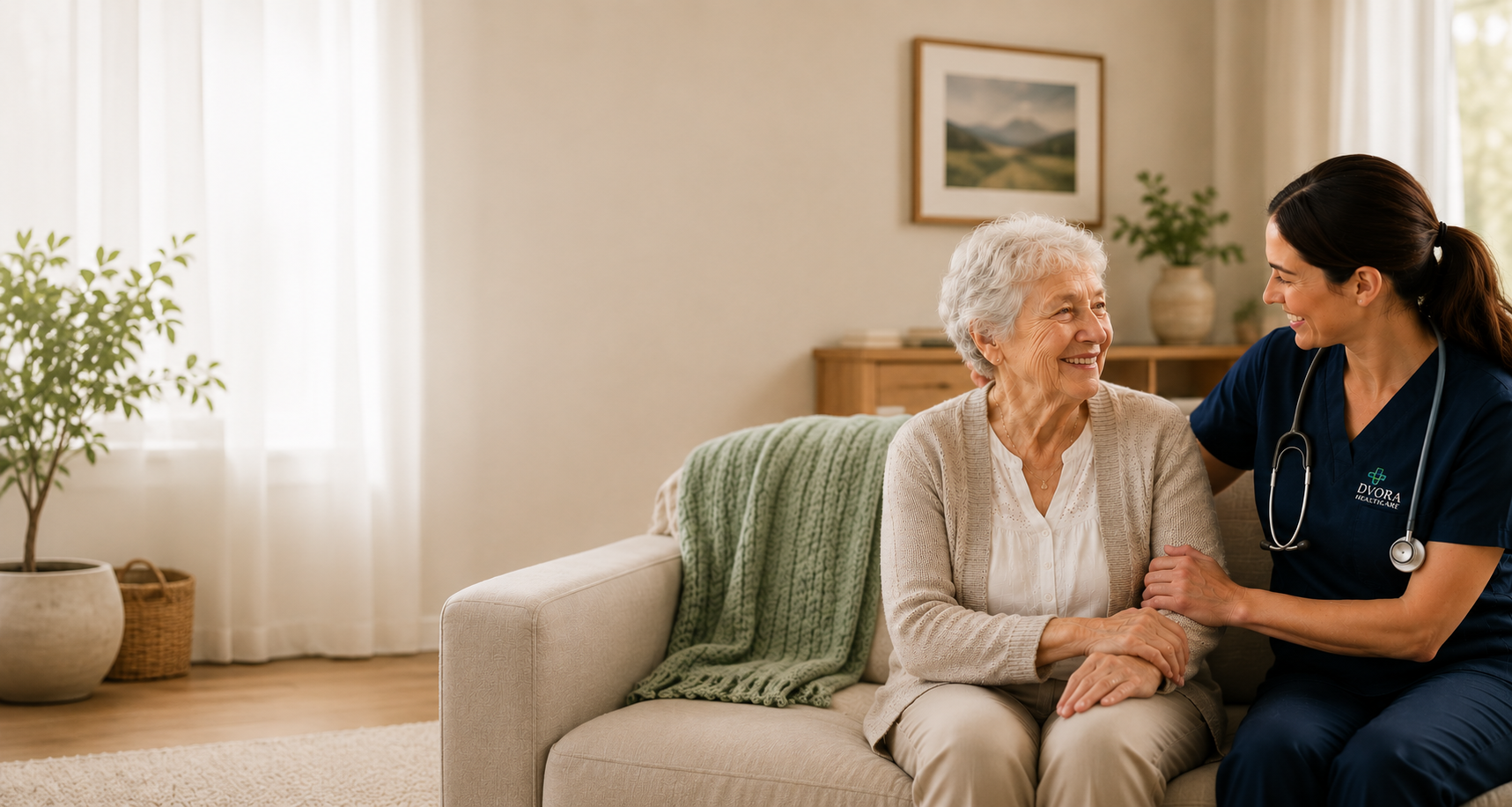 Dvora clinician caring for a smiling senior patient on her couch at home