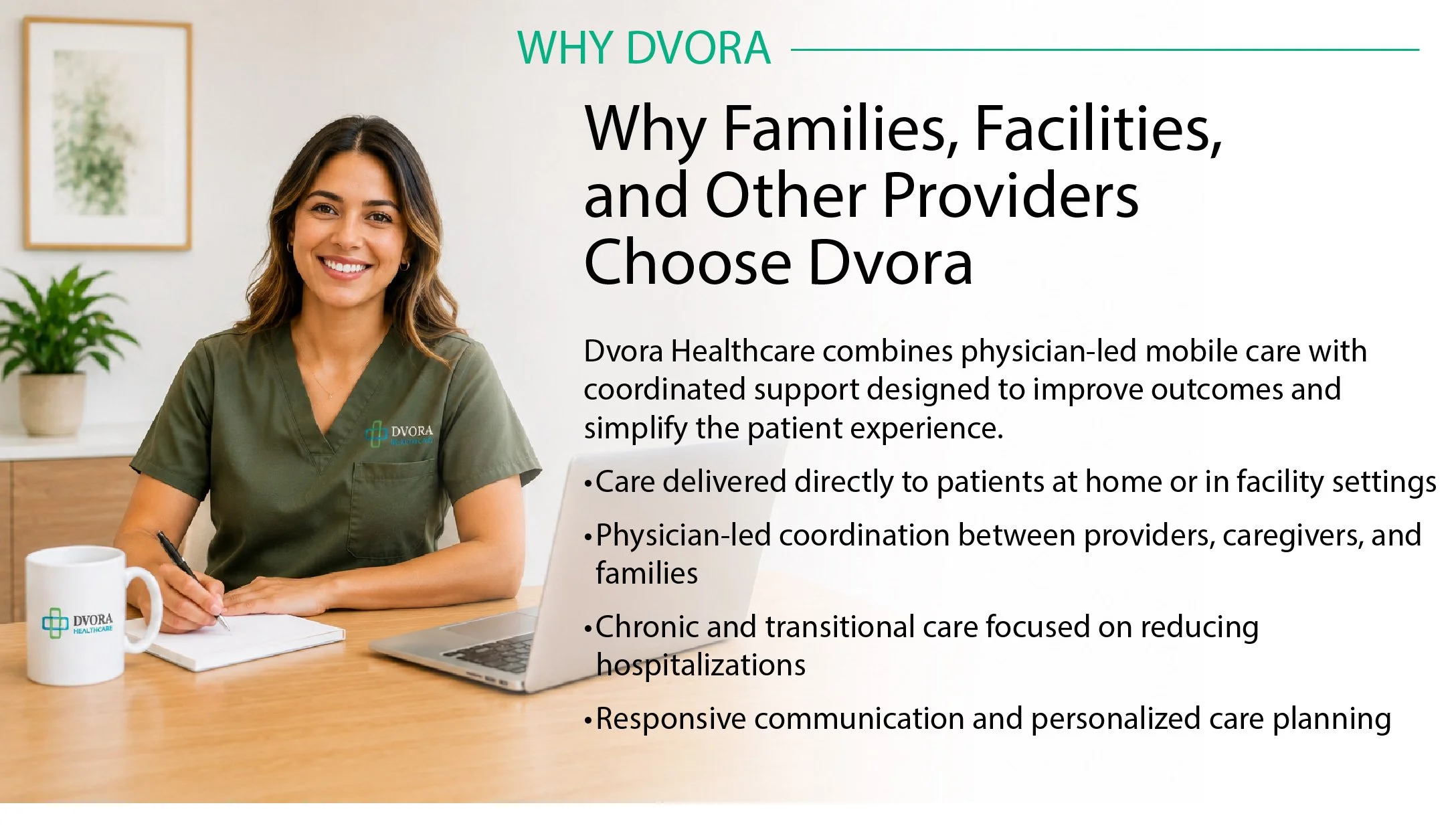 A smiling woman in green medical scrubs sitting at a desk with a laptop and a white mug with a green logo, in front of a presentation slide about Dvora Healthcare.