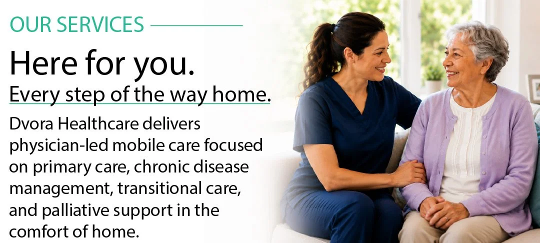A healthcare worker sitting on a couch with an elderly woman, both smiling, in a bright room with a window and greenery outside, promoting senior home care services.