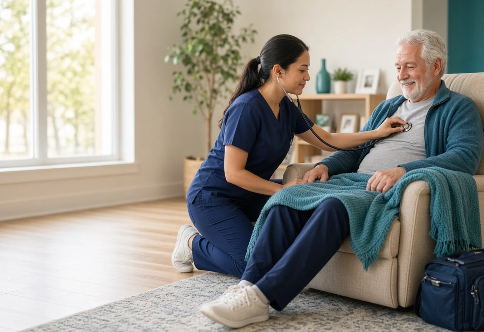 Transitional care clinician checking a senior man with a stethoscope at home after hospital discharge