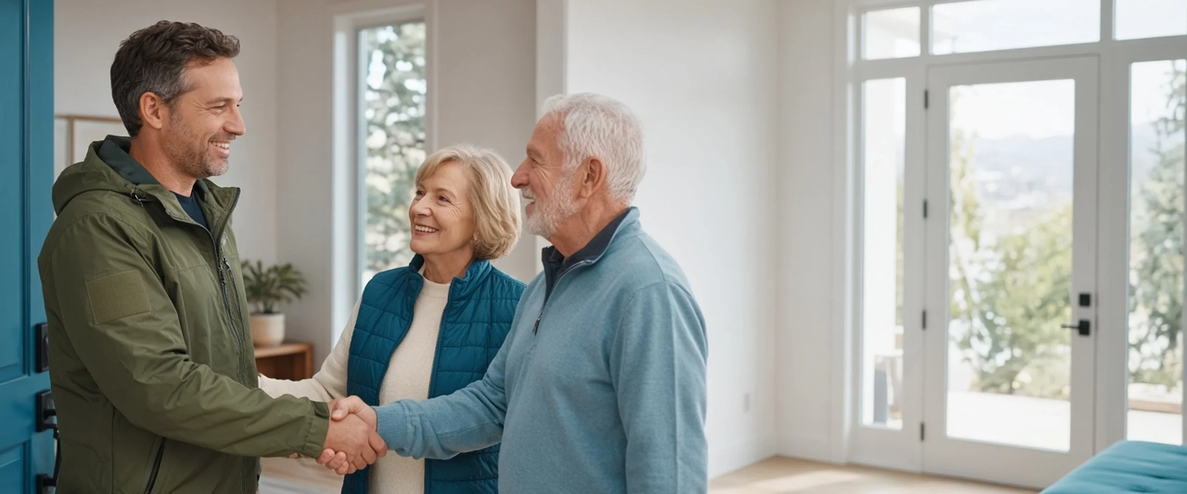 Dvora clinician greeting an older couple at their front door for an in-home care visit in Salt Lake County