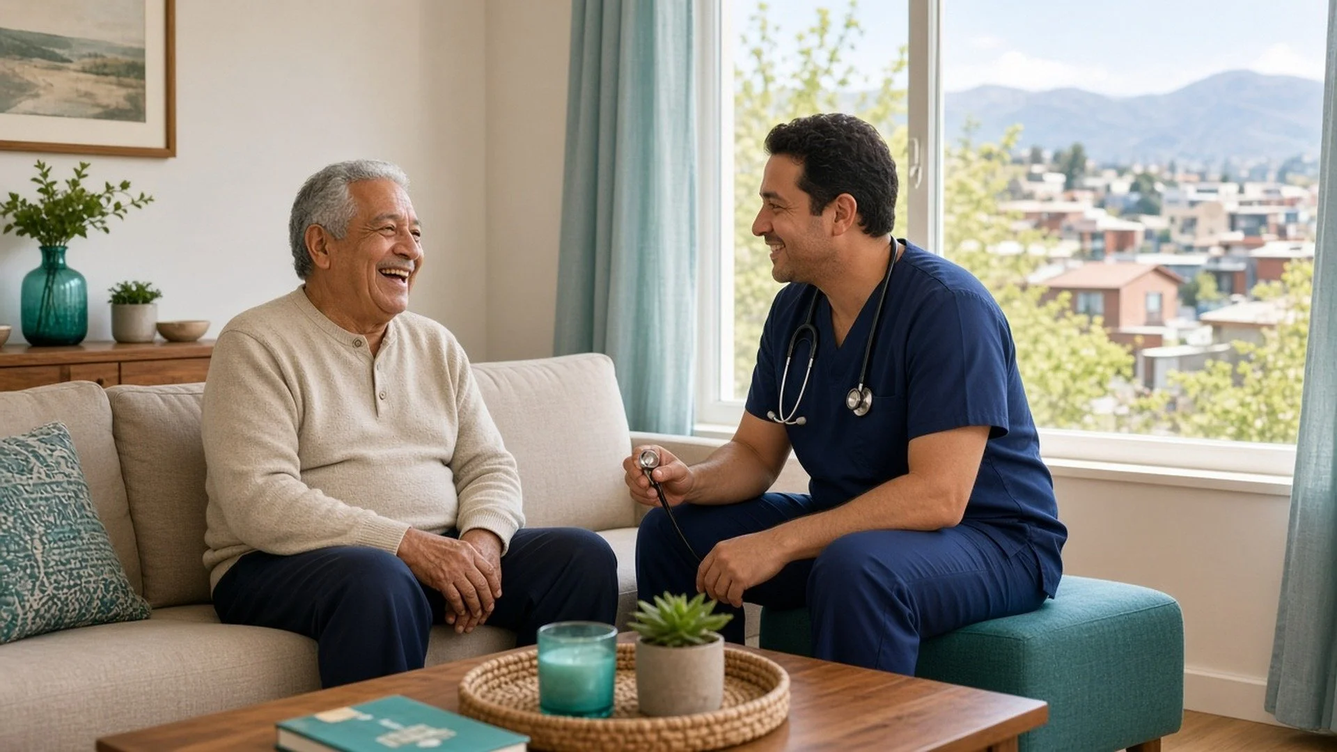 An older man laughs with a visiting clinician in his South Salt Lake living room, with a spring neighborhood view